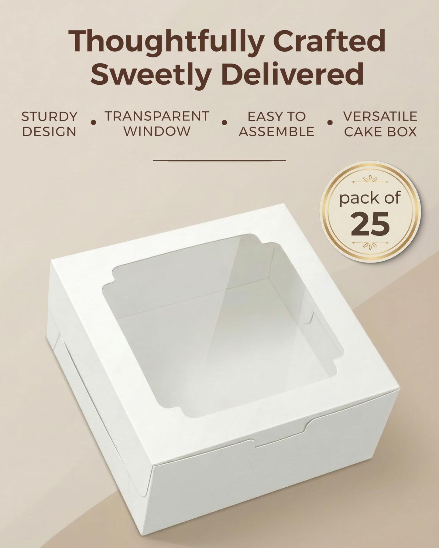 25pcs Cake Boxes 10x10x5 Inch with Window, 10 Inch White Bakery Boxes, Square Cardboard Large Pie Box, Package for Cookies, Donut, Birthday Party, Dessert, Wedding, Pastry Packaging (80 Pcs Stickers)