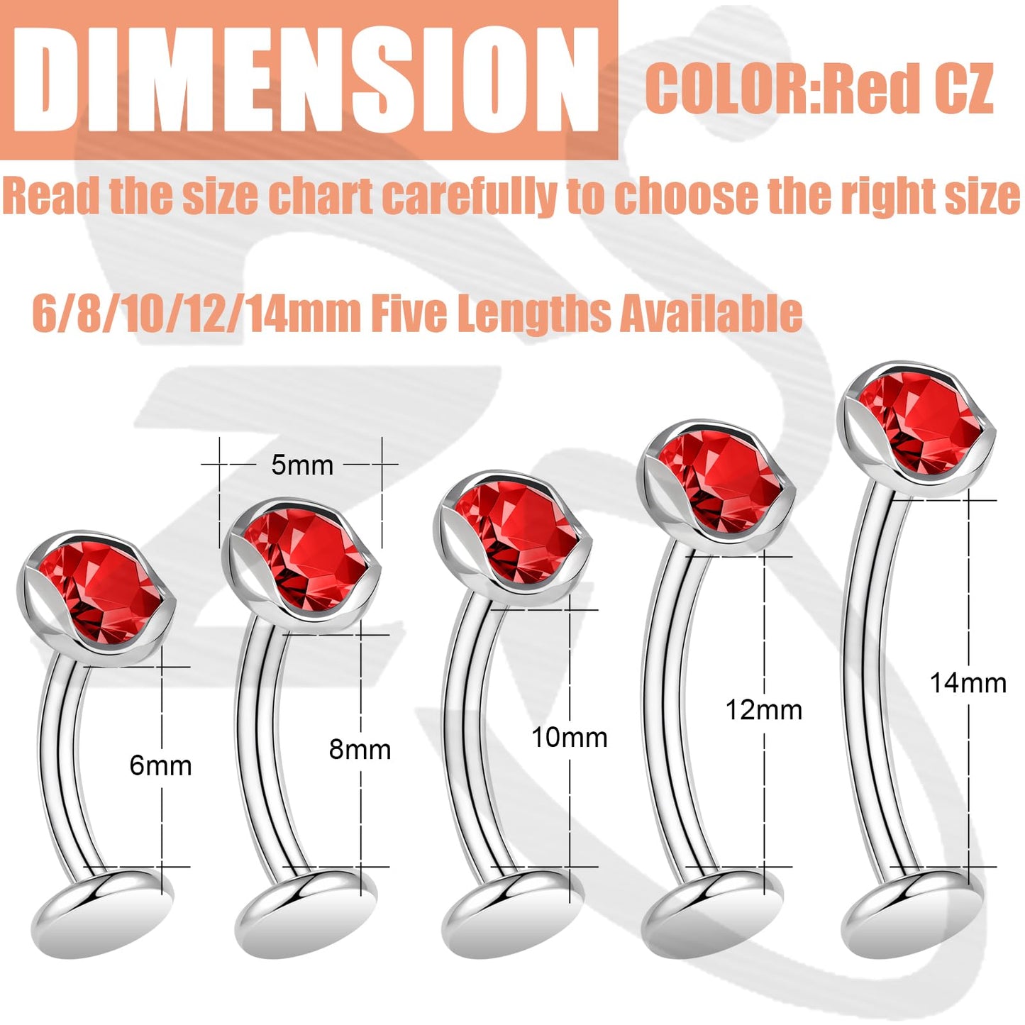 ZS ASTM F136 Titanium Belly Button Ring, 14G Cubic Zirconia Navel Jewelry, 6/8/10/12/14MM Internally Threaded Long Bar Navel Barbell Stud Flat Back Belly Piercing (Red,L:6mm)