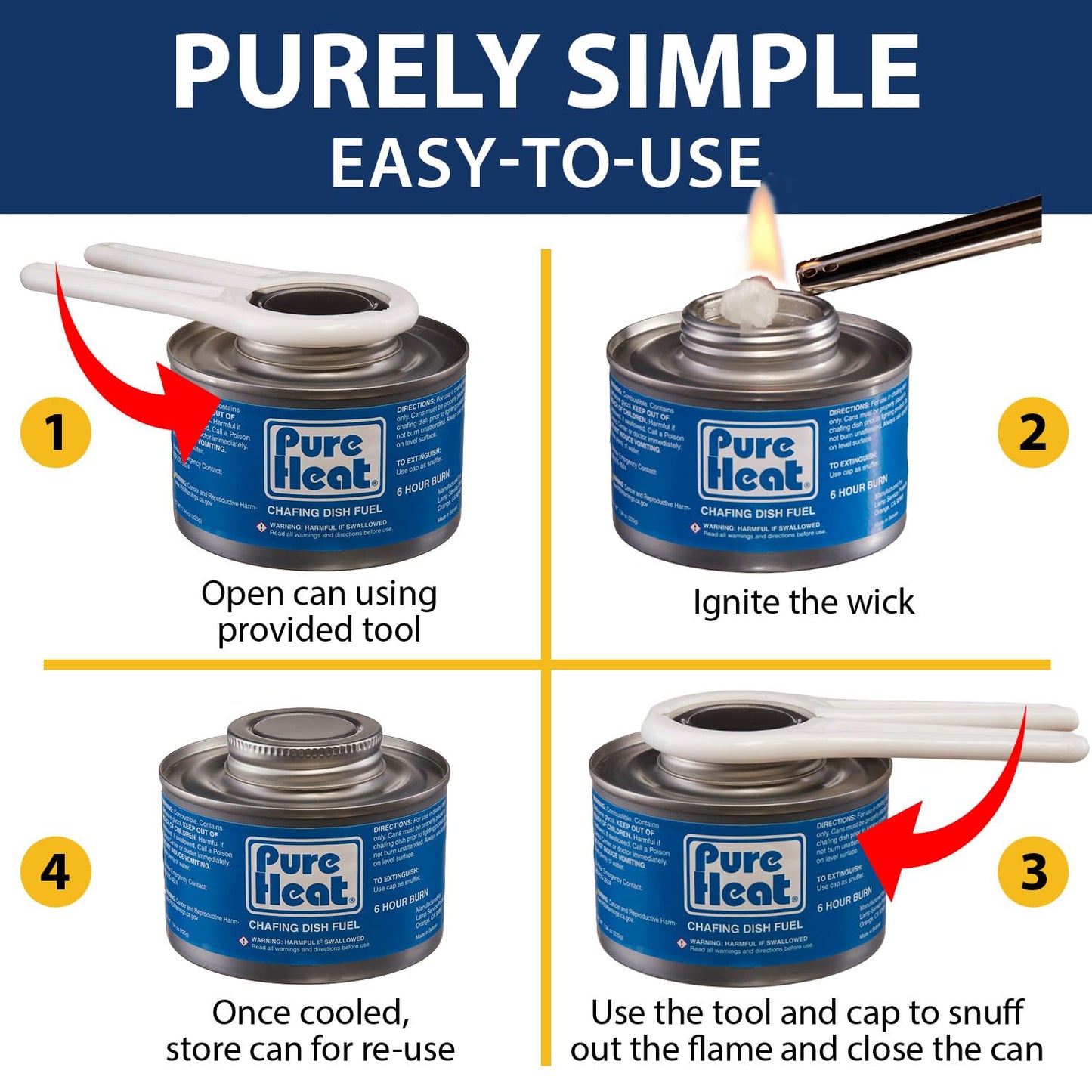 Pure Heat 6-Hour Chafing Fuel Cans (12 Pack) - Resealable Burner Fuel - Food Warmer Cans for Chafing Dishes - Canned Heat Perfect for Catering, Buffet, or Camping