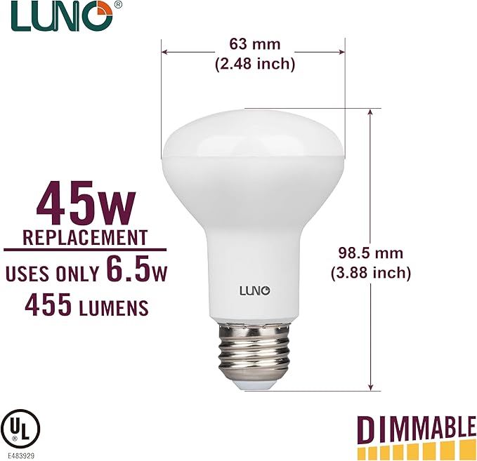LUNO R20 Dimmable LED Bulb, 6.5W (45W Equivalent), 455 Lumens, 4000K (Neutral White), Medium Base (E26), UL Listed (4-Pack)