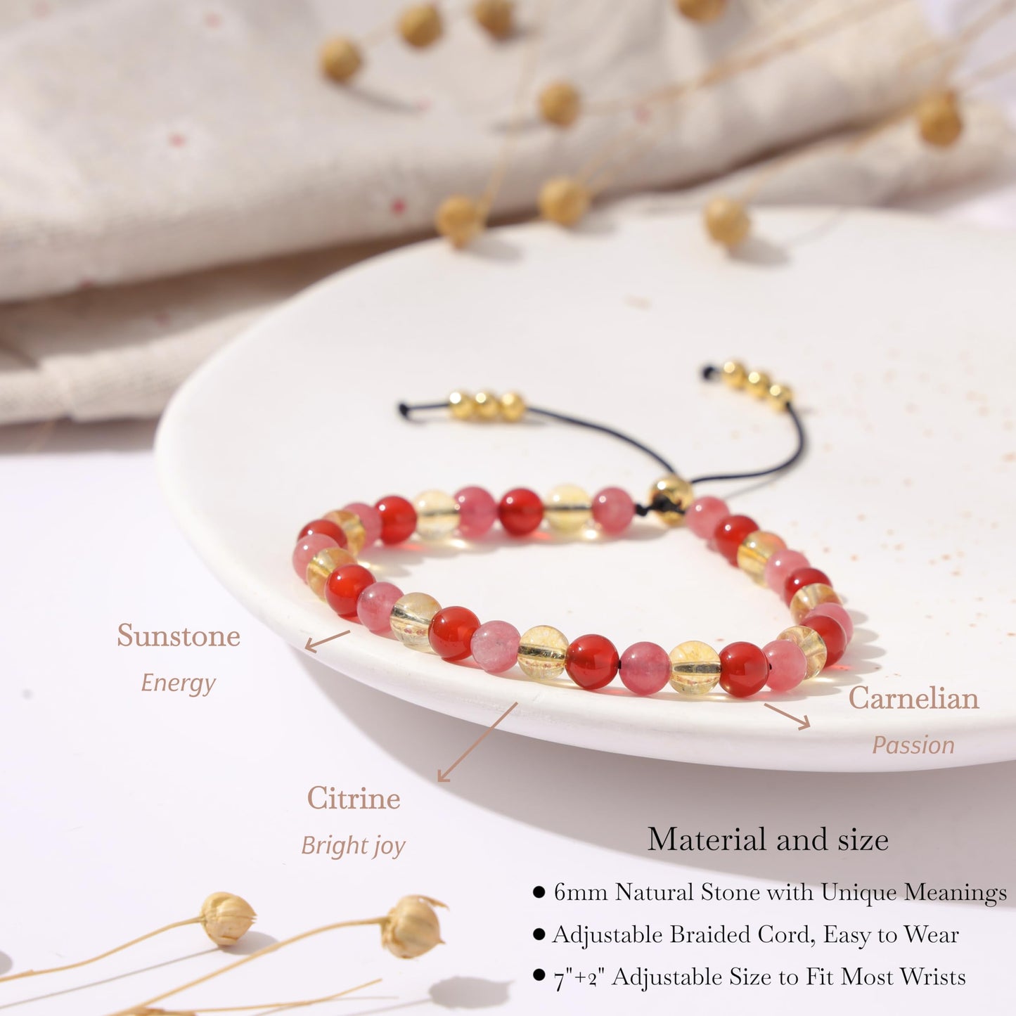 NUKAYAI Uplifting Bracelet for Women Healing Crystals Sunstone Carnelian Citrine Best Friends Inspirational Gifts Jewelry Natural Stones