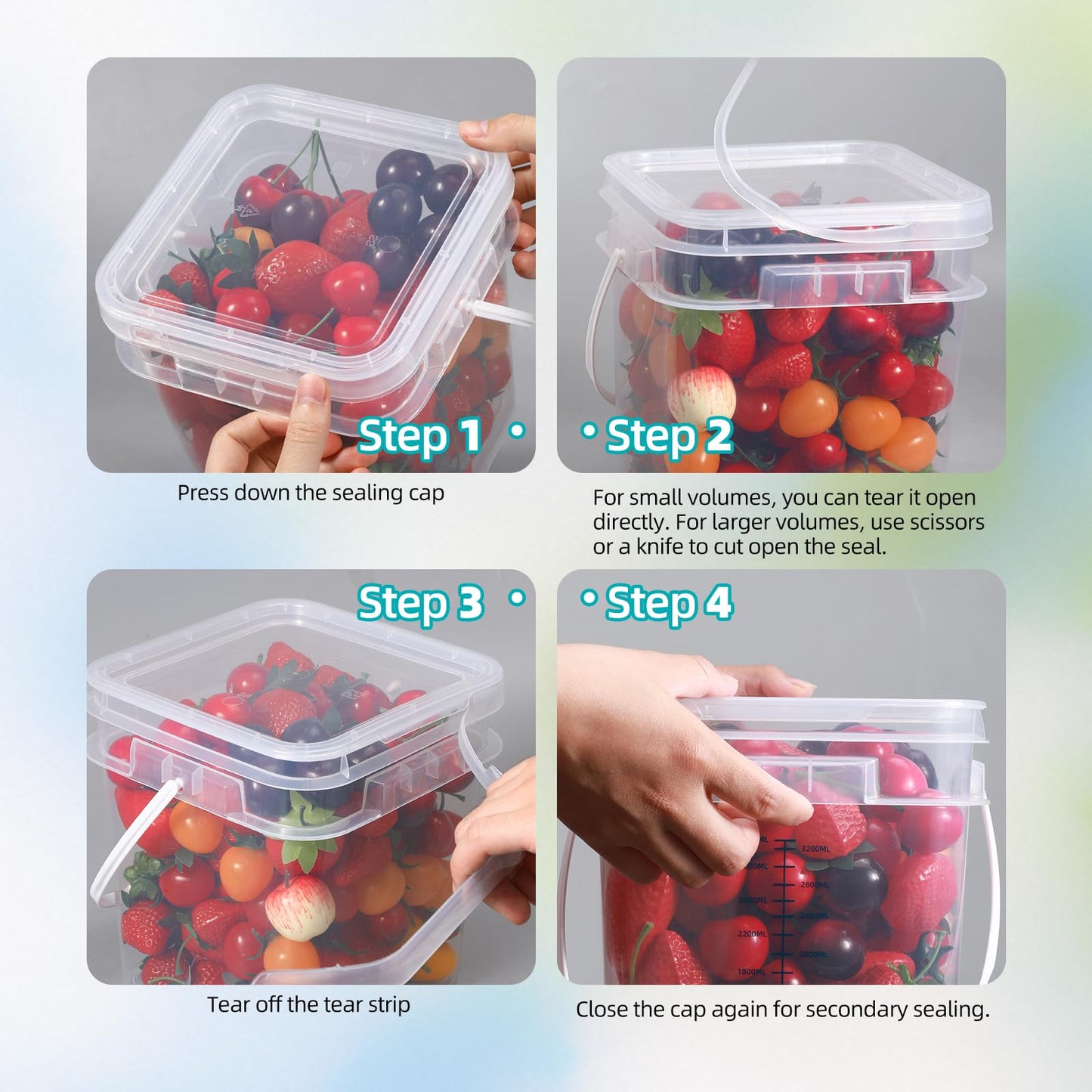 ASEVAT 4 Pcs Square Food Grade Bucket with Lid Square Bucket Pail with Plastic Handles for Storing Dry Food, Charcoal, Camping, Fishing （1+2.6+4.2gal