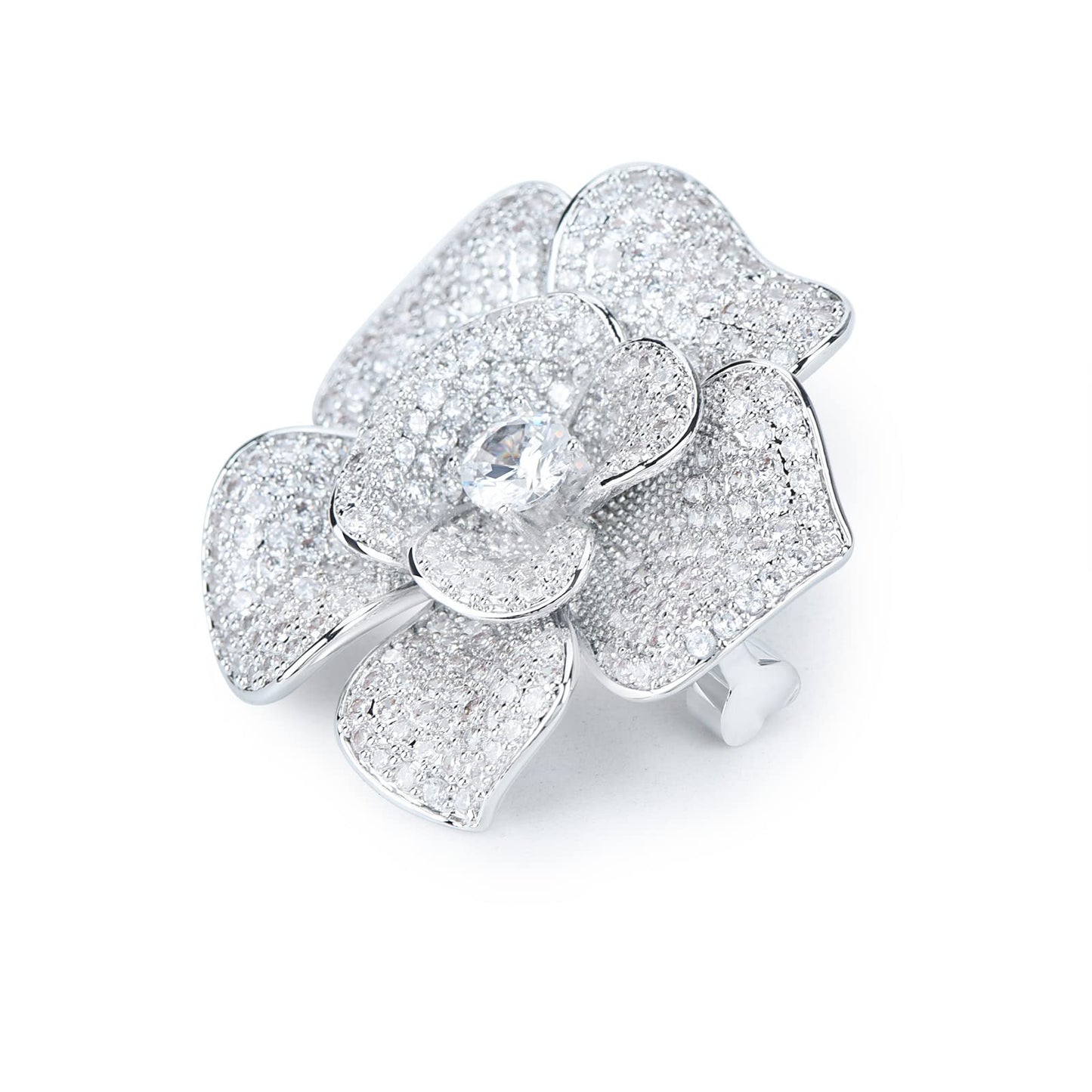 Elegant Crystal Blooming Rose Flower Brooch Lapel Pin Breastpin for Women Birdal Cardigan Hat Scarf Suit Sweater Floral Pins (White Gold Rose)