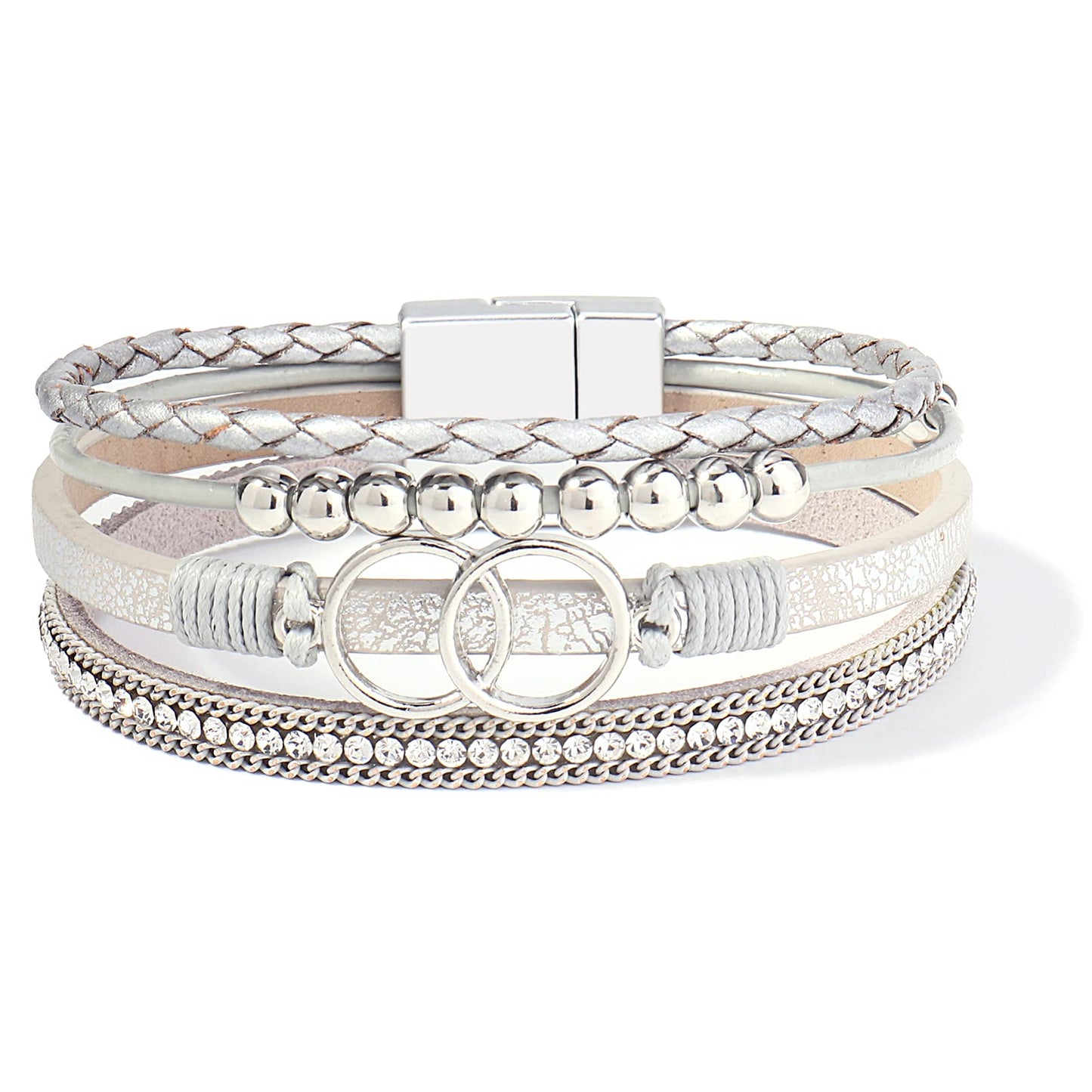 FANCY SHINY Boho Leather Wrap Bracelet Stackable Beaded Infinity Chunky Cuff Bracelets with Magnetic Clasp Western Hippie Outfits Jewelry Gifts for Women(Silver)