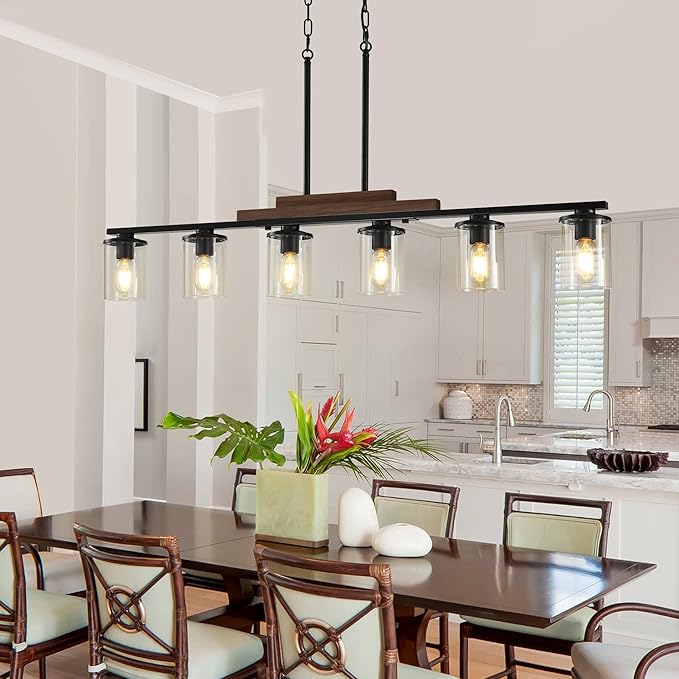 Dining Room Light Fixture Over Table, Farmhouse 6-Light Kitchen Island Lighting, Linear Black Chandelier with Clear Glass Shades, Modern Rustic Wood Pendant Kitchen Lights, with Adjustable Height
