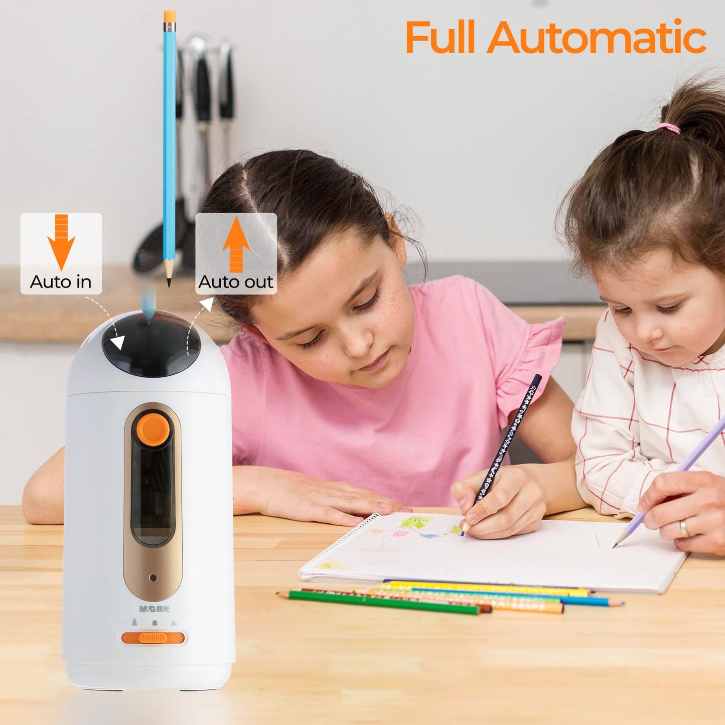 M&G Electric Pencil Sharpener for Colored Pencils 6.5-11mm, Fully Automatic Astronaut Design Pencil Sharpener, Auto In & Out Hands-Free, Rechargeable USB/Battery Operated, Home Classroom Office, White