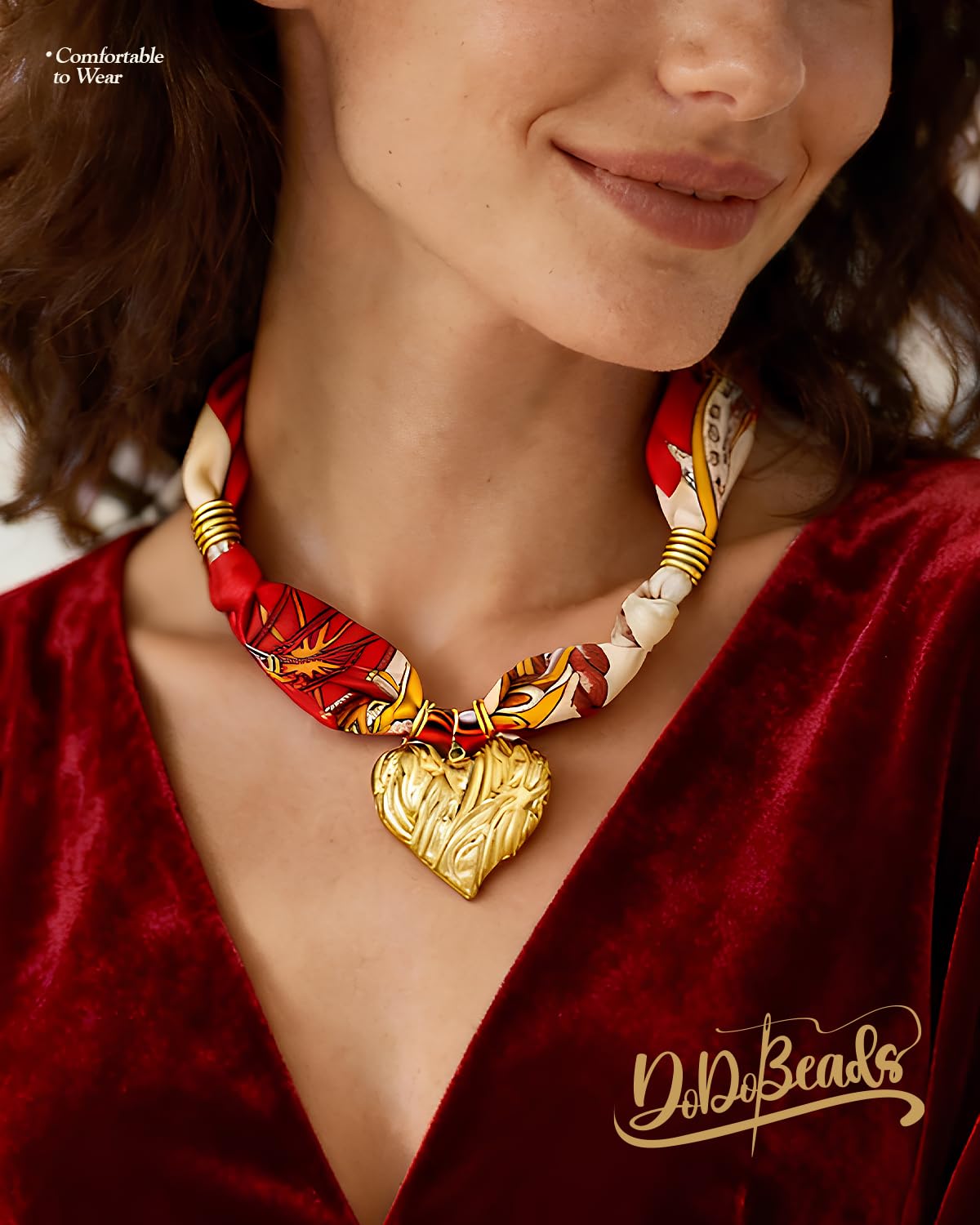 DoDoBeads Scarf Charm Necklace – Golden Heart – Red Vintage Scarf Necklace with Sculpted Stainless Steel Heart Pendant