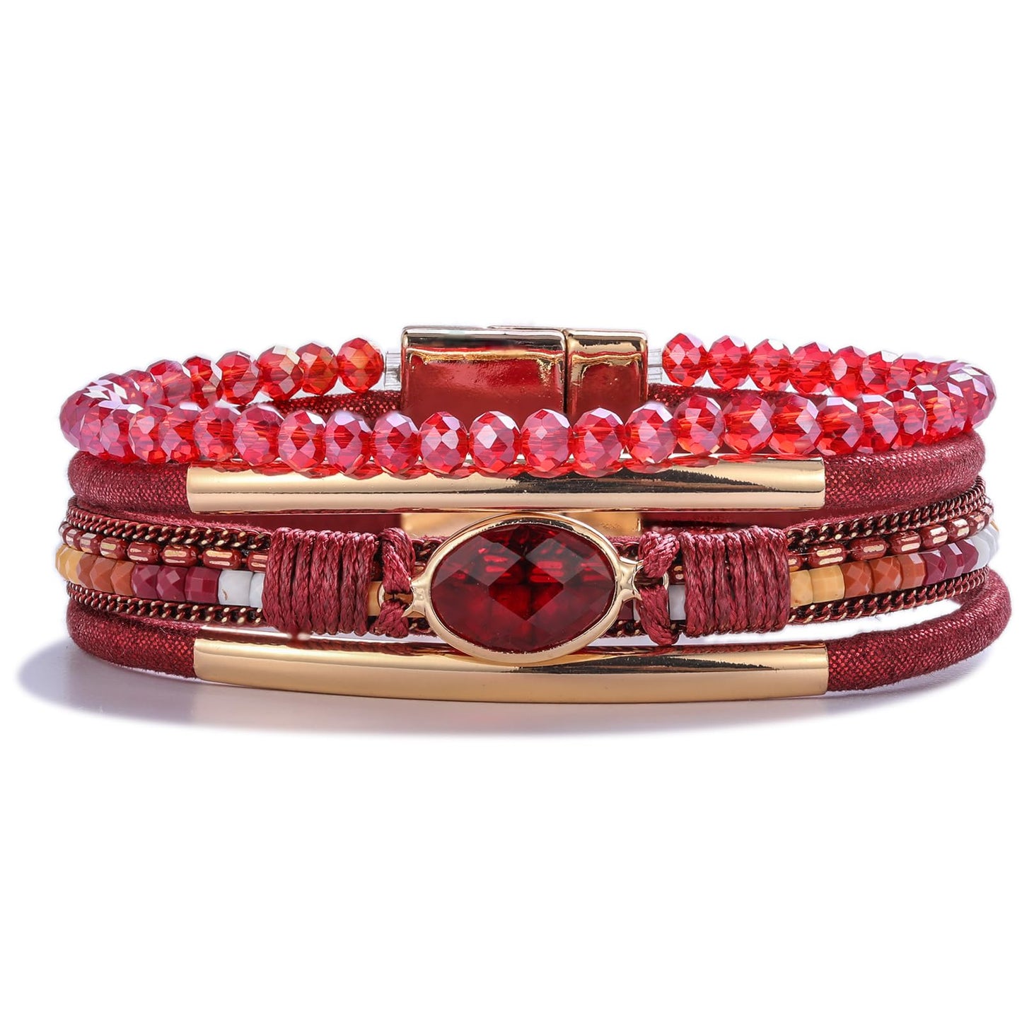 FANCY SHINY Leather Wrap Bracelets Crystal Beads Bracelet Boho Cuff Stone Charm Bracelets with Clasp Costume Jewelry for Women(Burgundy)