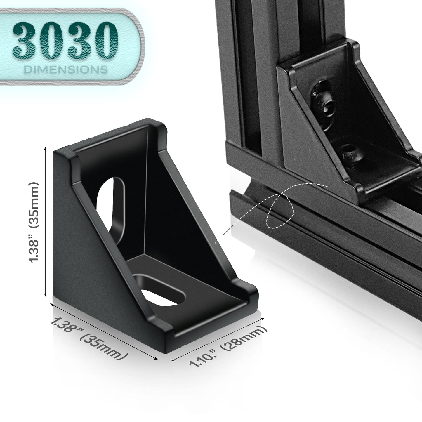 PETOX 24 Set Black 3030 Series Aluminum Extrusion Profile Connector, Includes 1pc Wrench, 24pcs 2835 Corner Bracket, 48pcs M6 T-Slot Sliding Nuts and Hex Screw Bolt for 20S Aluminum Rail Accessories