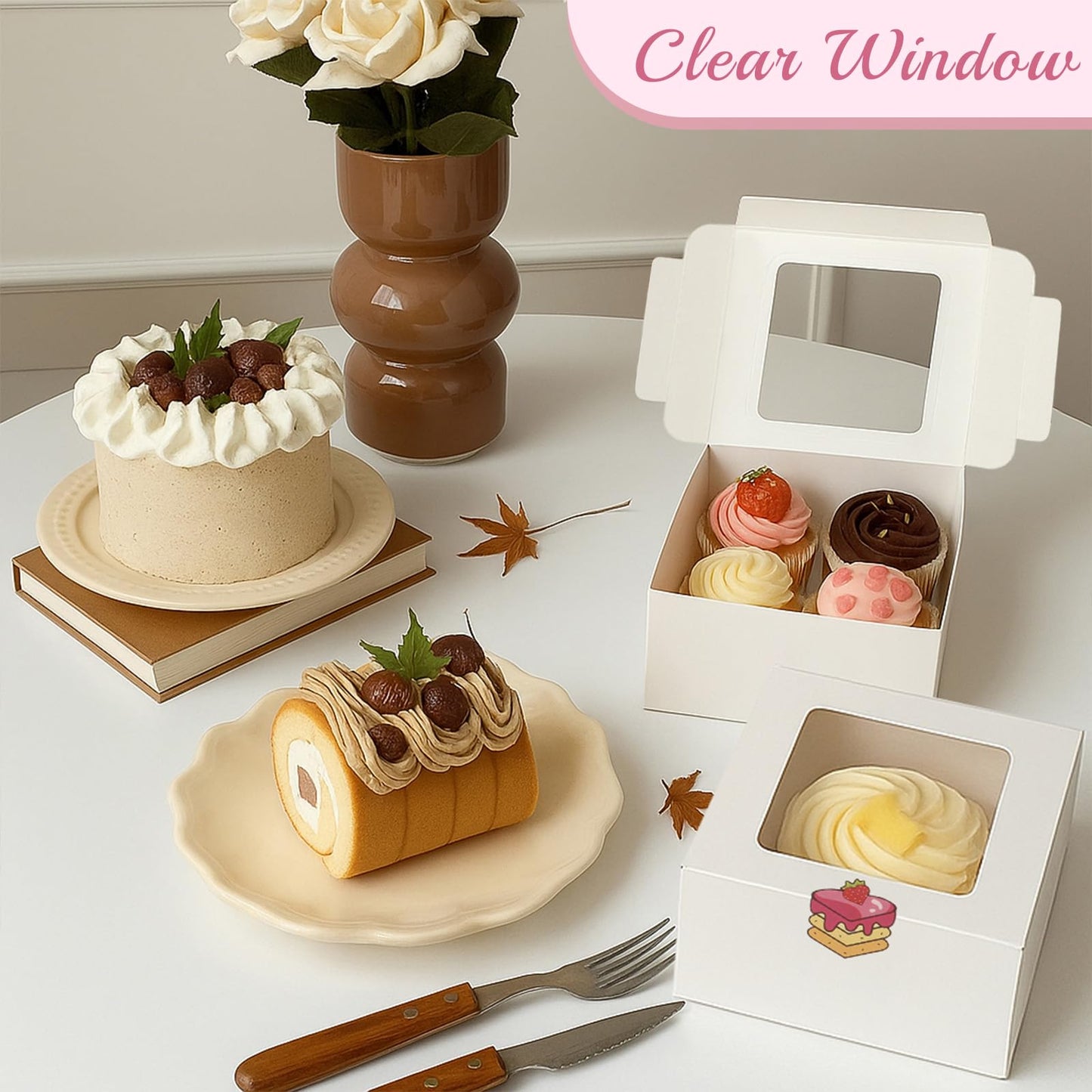 OAMCEG 50 Pack Cupcake Boxes with Window 6x6x3 Inches Cookie Boxes, Bakery Treat Boxes for Pastry, Desserts, Chocolate Strawberries, Cupcake Containers, Gift Giving with Stickers & Twine （White）