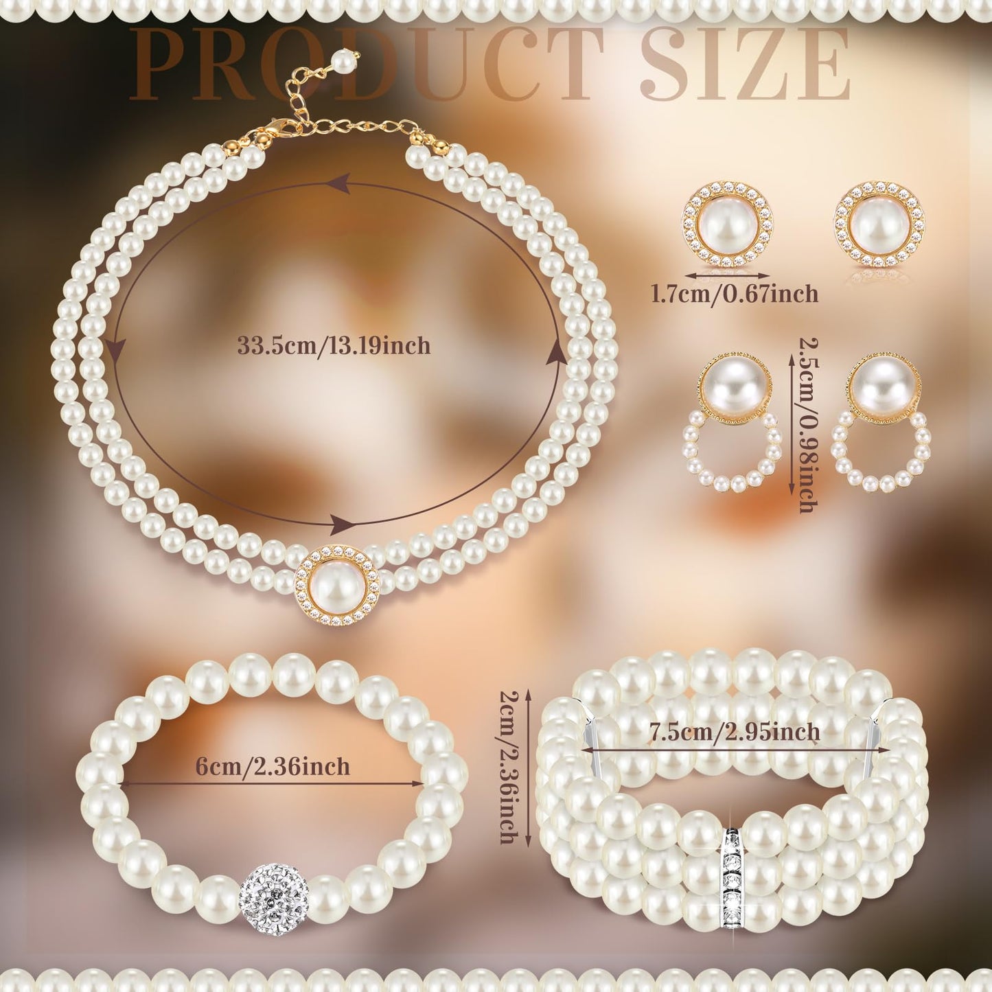 Glenmal Pearl Rhinestone Jewelry Set for Women Pearl Necklace Bracelet Earrings for Wedding Birthday Bridal Shower Tea Party(Trendy Style)