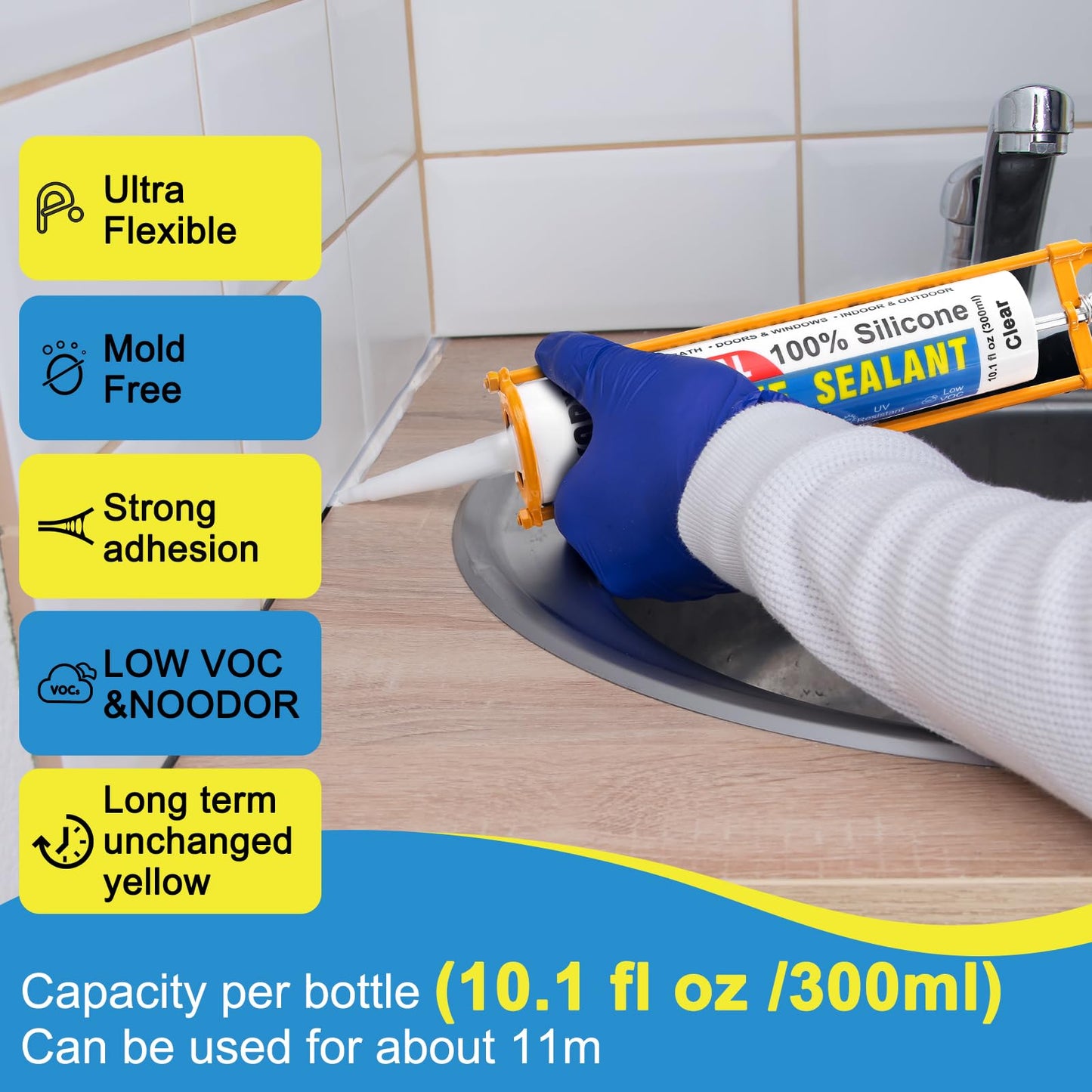 Silicone Caulk & Sealant Clear, 6 Pack - 100% Waterproof Silicone Sealant, Silicone Caulking for Kitchen and Bathroom, Toilet, Sink, Window ＆ Door Use, Shrink & Crack Proof (10.1 FL.OZ/300ml)