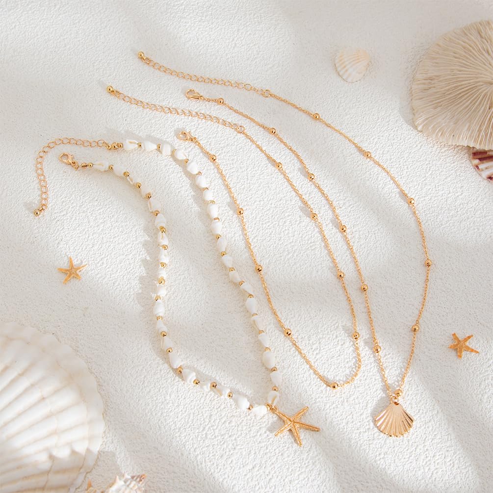 Gold Starfish Conch Oval Pearl SeaShell Necklace for Women Trendy, Statement Boho Shell Pearls Beaded Chain Necklaces Holiday Beach Party Jewelry (Gold-1)