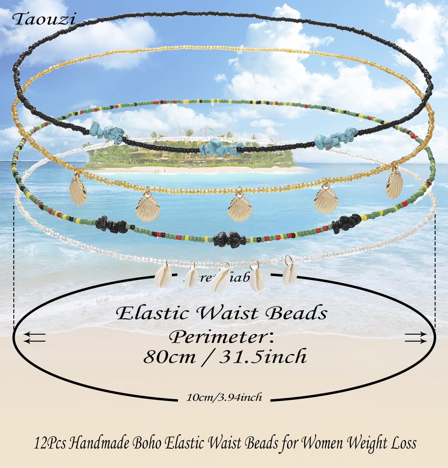 Waist Beads With Crystals Colorful African Waist Beads Boho Beads Waist Chains Energy Stone Beaded Body Chains for Women 12 Pcs