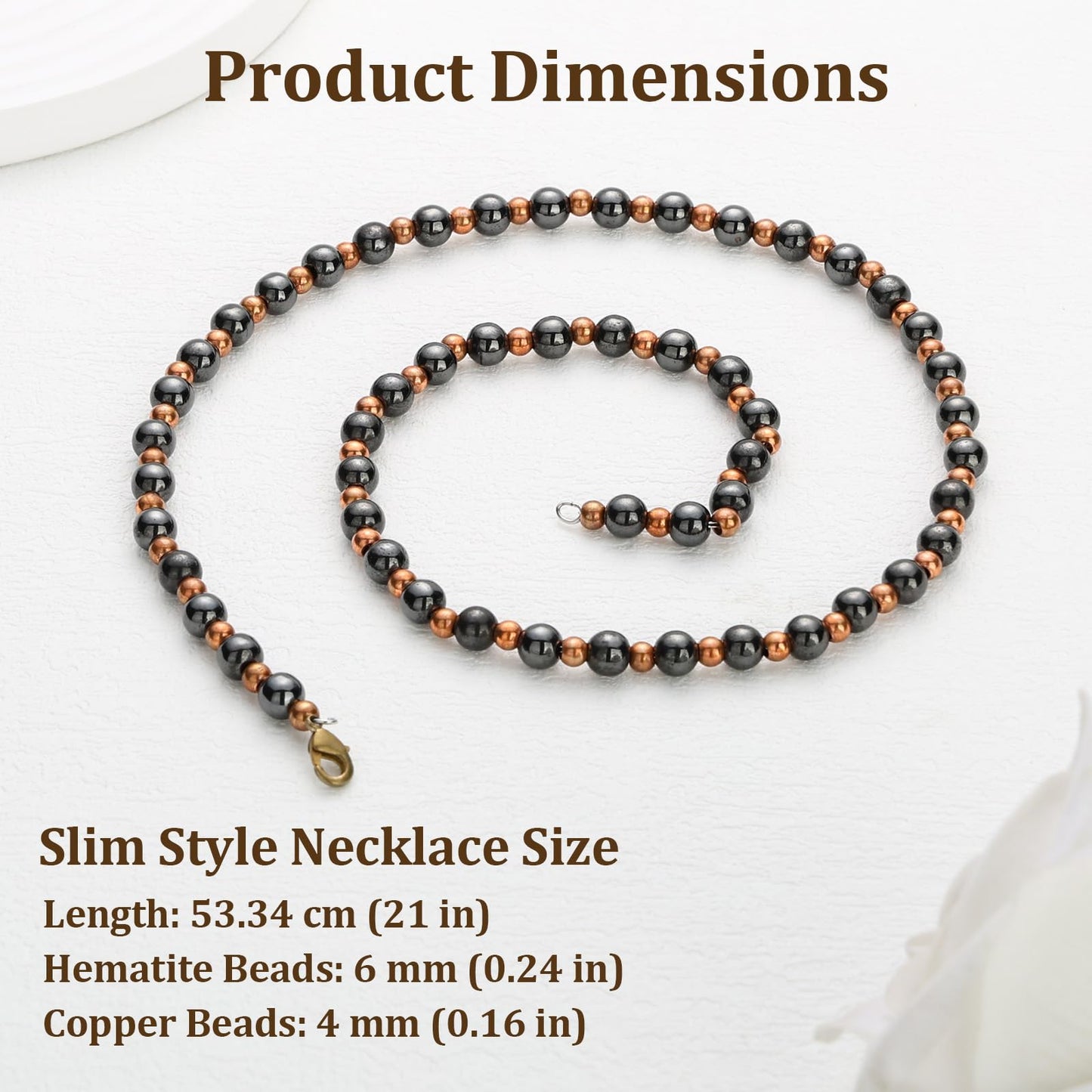 Fashtour Magnetic Hematite for Men and Women, 8MM and 6MM Magnetic Hematite with 6MM and 4MM Pure Copper, 53CM Handmade Energy (CN-Small)