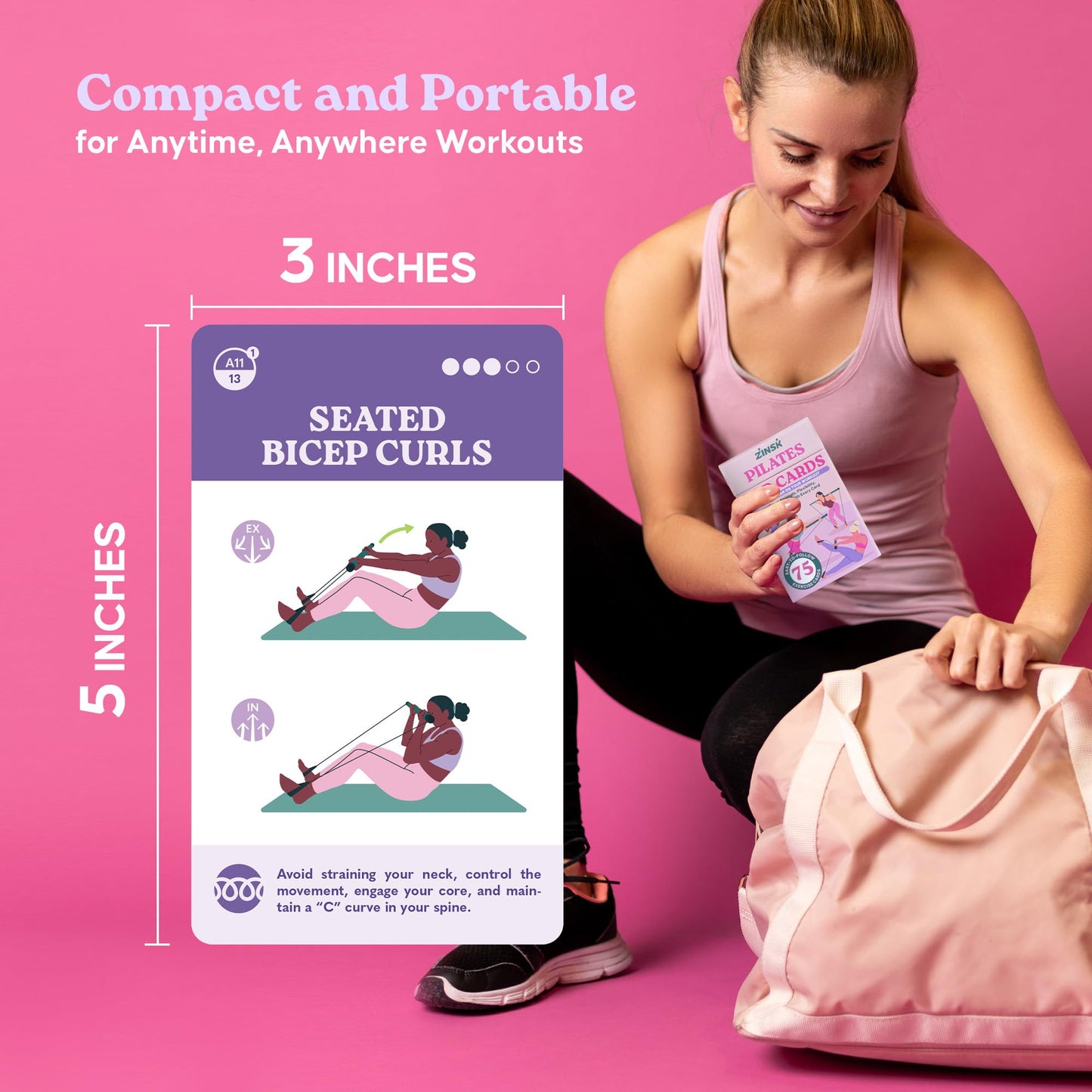 Zinsk 75 Pilates Bar Exercise Cards – Create Home Workouts that Sculpt and Tone – 3" x 5" Cards with Full Instructions – Includes Getting Started Pamphlet with 8 Pre-Made Routines