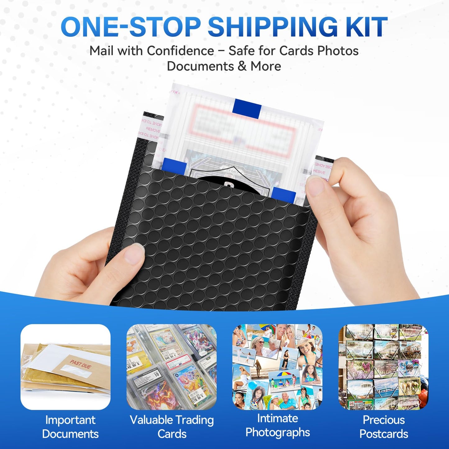 BREAALE Trading Card Shipping Kit, Includes 100 4'' x 6'' Graded Card Shipping Protectors, 50 6'' x 8.7'' Envelope Bubble Mailers, 20M Painter’s Tape, 50 Cellophane Bags, PSA BGS CGC Slabs & Raw