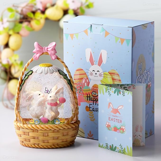 Easter Snow Globe Lantern Easter Decorations for Home with Timer Swirling Glitter, Lighted Easter Decor Indoor Easter Gifts with Easter Basket Bunny Eggs, USB or Battery Operated