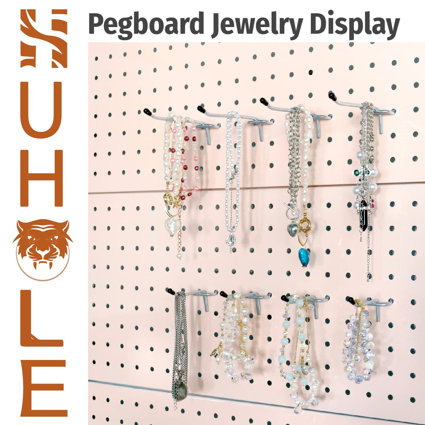 HUHOLE 50-Pack Silver Pegboard Hooks 6 Inch, Heavy Duty Matte Finish Metal Peg Board Hangers, Fits 1/8" & 1/4" Boards, Rust-Resistant Organizer for Garage, Shop, Workbench & Retail Display