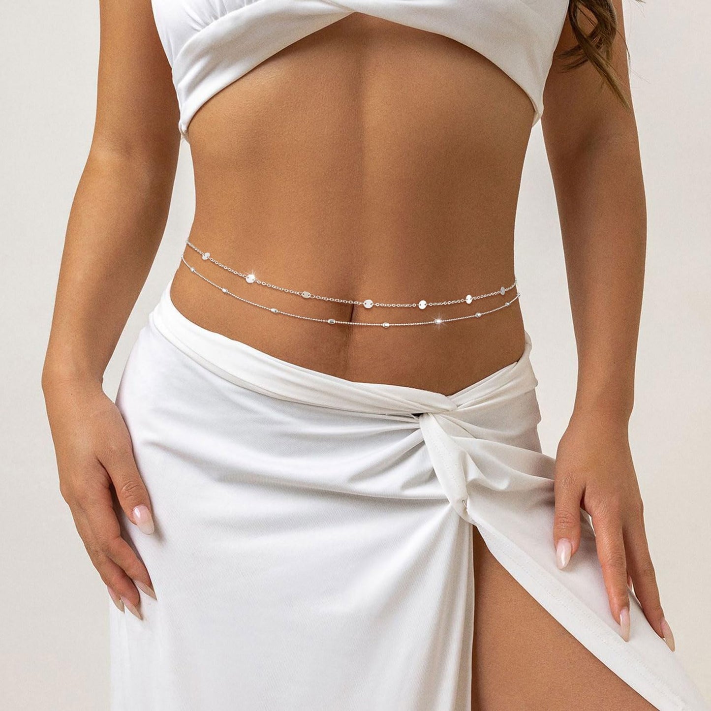 RELVEO 2PCS Silver Waist Chain Adjustable Layered Belly Chain Body Chain Jewelry for Women Sexy Bikini Beach Beaded Waist Chains