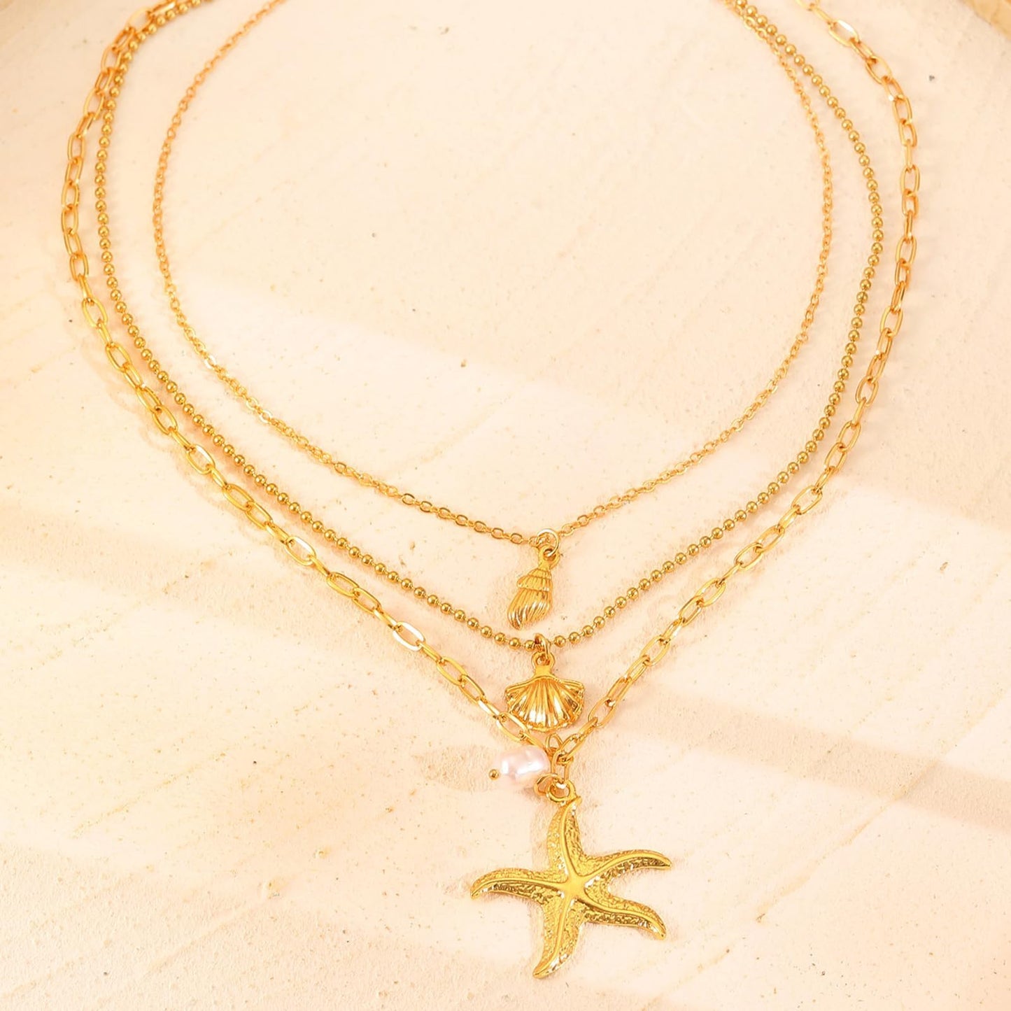 KummerSaprk Seashell Necklace Summer Vacation Jewelry for Women Gold Beachy Necklace Stack Starfish Flower Cowrie Sea Shell Pendant Necklaces Summer Essentials Accessories Gifts