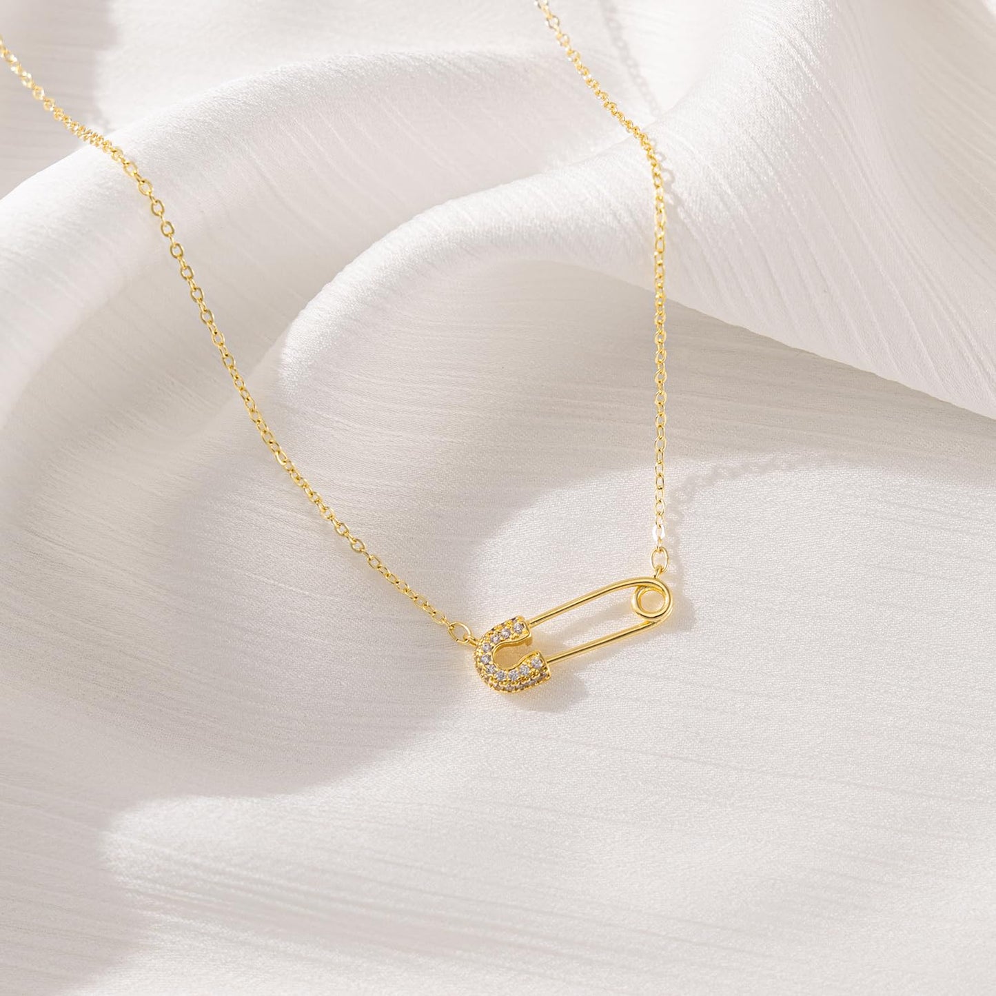 BSGRL Gold Necklace: 14K Gold Plated Dainty Safety Pin Necklace for Women Paved Cubic Zirconia 16.5”+2” in