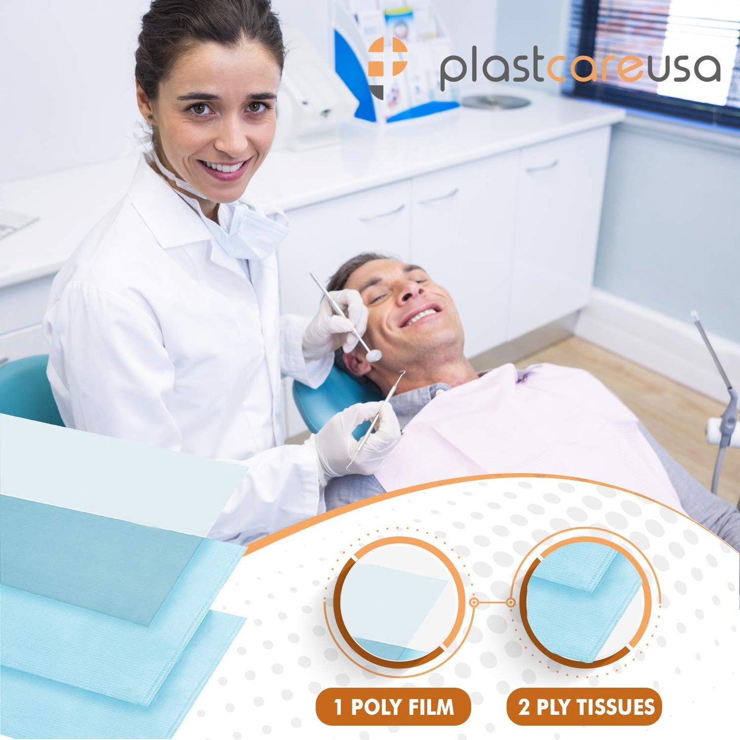 PlastCare USA Disposable Dental Bibs 13"x18" (125 Pack) - 3 Ply Waterproof Tattoo Bib Sheet for Patients - Dentist or Medical Tray Covers and Nail Table Cover Supplies, White