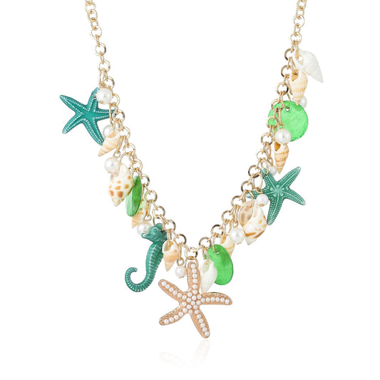 Shell Starfish Necklace for Women Conch Shell Starfish Pearl Necklace Seahorse Necklace Bohemian Chunky Choker Necklace Sea Shell Pearl Choker Collar Neck Mermaid Costume Jewelry Beach Jewelry (Green)