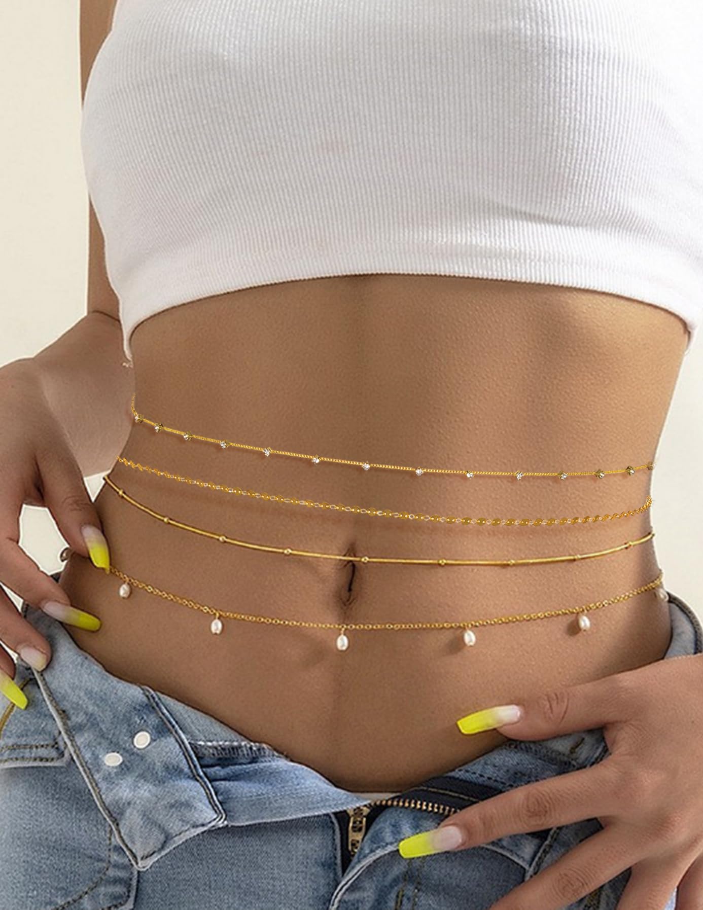 Tornito 8Pcs Waist Belly Chain 18K Gold Plated CZ Pearl Bead Belly Chain Summer Beach Sexy Body Chains Jewelry Accessories for Women Adjustable