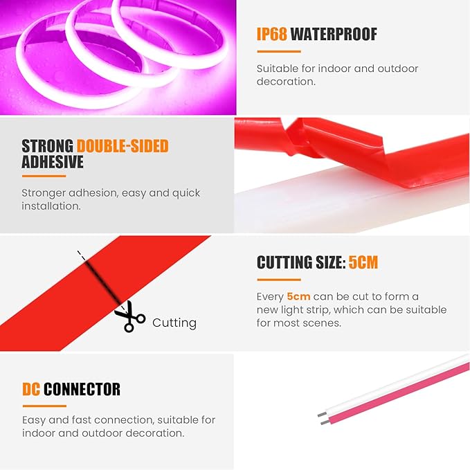 24V COB Neon Strip, 320LEDs/m Ultra-Bright Flexible COB Neon LED Strip, Outdoor Waterproof IP68 Self-Adhesive Tape, Red/White 2-Wire LED Fairy Lights for Patio, Christmas（Violet,3M）