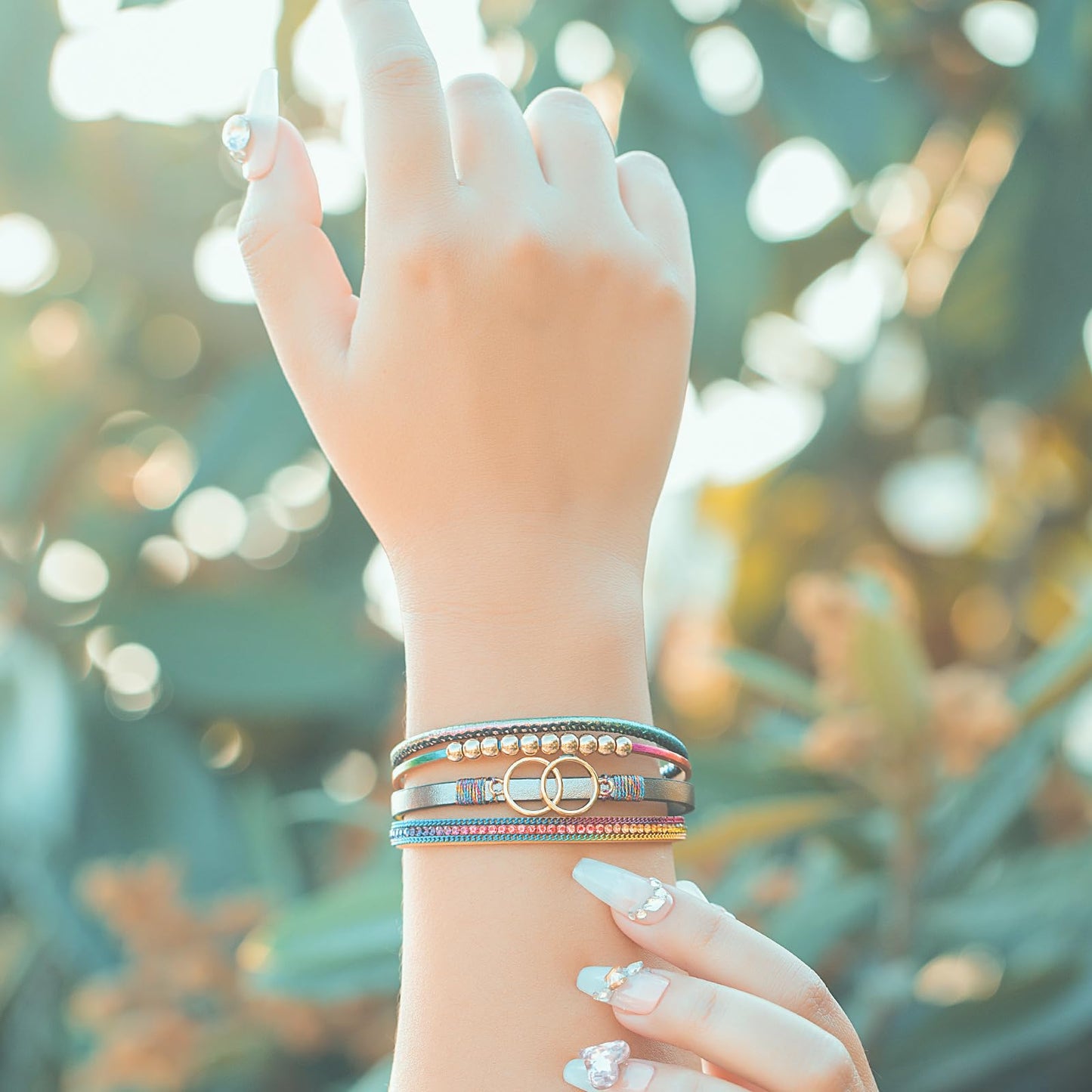 FANCY SHINY Boho Leather Wrap Bracelet Stackable Beaded Infinity Chunky Cuff Bracelets with Magnetic Clasp Western Hippie Outfits Jewelry Gifts for Women(Rainbow)
