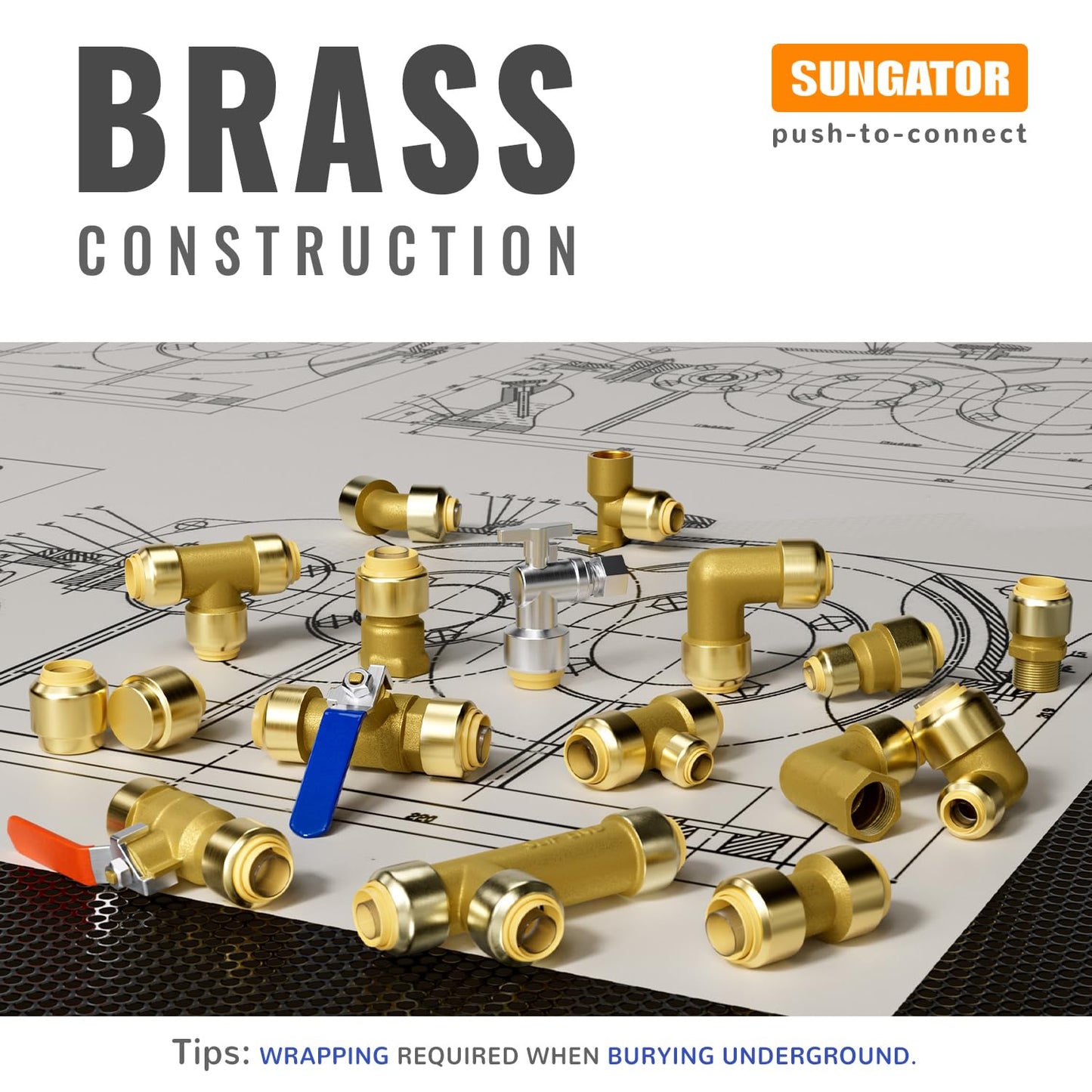 Shut Off Ball Valve 1/2 Inch, SUNGATOR 1/2 Inch Ball Valve, Push-to-Connect Water Shutoff, Easily Match to Pipe using Red and Blue Handle, No Lead Brass Fittings for PEX Pipe, Copper, CPVC, Pack of 2