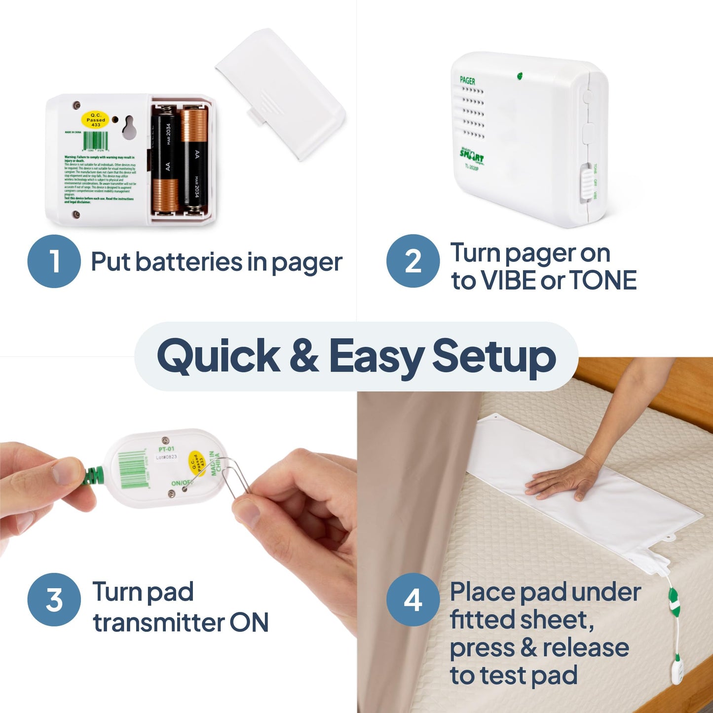 Smart Caregiver Bed Exit Alarm with Wireless Pager - Early Alert Fall Prevention for Seniors and Elderly - Weight Sensing Bed Pad Alerts Caregiver When They Get Up - USA Company and Customer Service