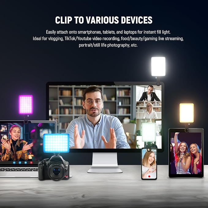 NEEWER VL67C RGB Selfie Light with APP Control, 94 LED CRI97 2000mAh Rechargeable, Cold Shoe Mount as Camera Light, Portable Front & Back Phone Clip for TikTok, Video Conference Light for Laptop