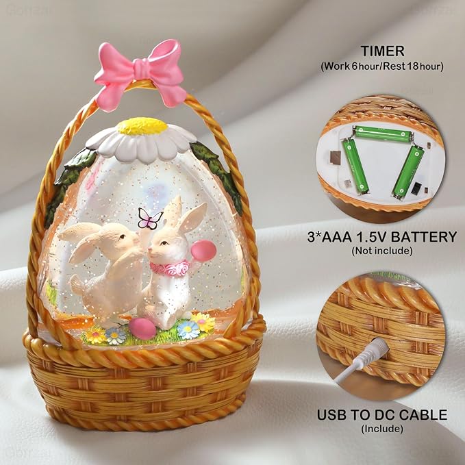 Easter Snow Globe Lantern Easter Decorations for Home with Timer Swirling Glitter, Lighted Easter Decor Indoor Easter Gifts with Easter Basket Bunny Eggs, USB or Battery Operated