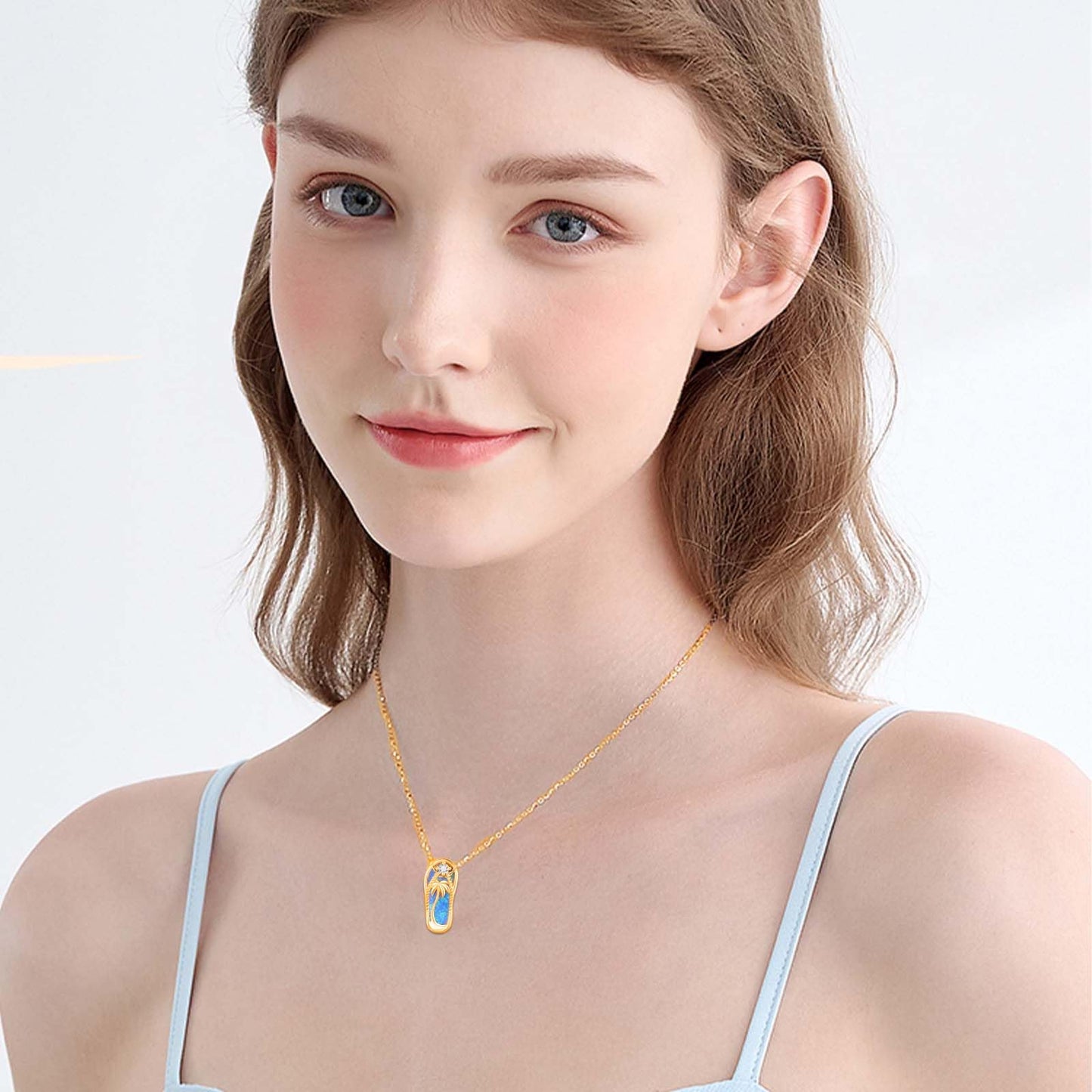 Midir&Etain Flip Flop Necklace 925 Sterling Silver 14K Gold Plated Palm Tree Pendant Beach Blue Opal Necklace Flip-Flop Opal Jewelry for Women