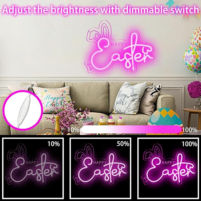 Happy Easter Neon Sign Bunny Neon Light Sign Dimmable LED Signs for Wall Light Up Sign Decoration Easter Rabbit Bunny Neon Wall Sign Decor Gift