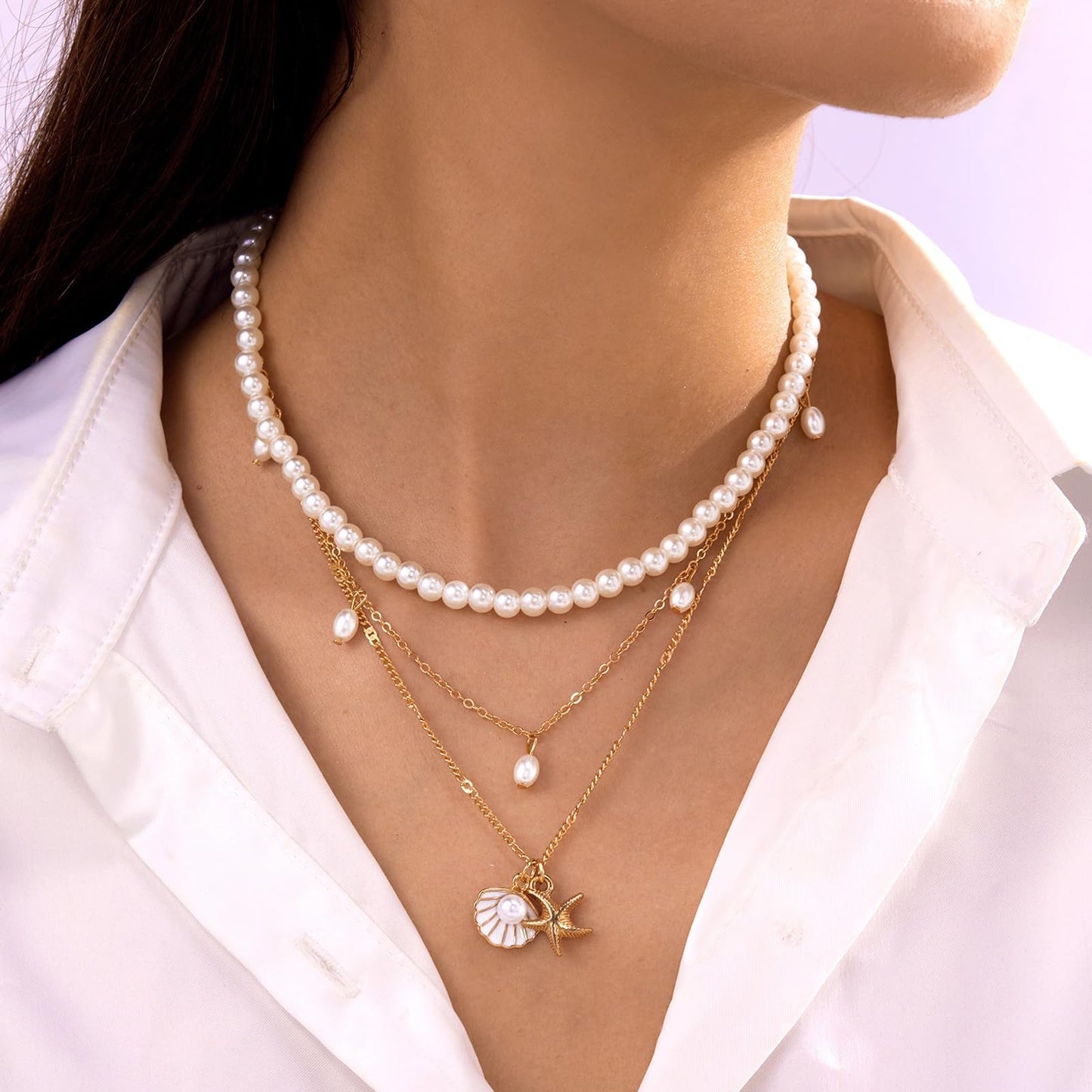 KummerSaprk Seashell Necklace Summer Vacation Jewelry for Women Gold Beachy Necklace Stack Starfish Flower Cowrie Sea Shell Pendant Necklaces Summer Essentials Accessories Gifts