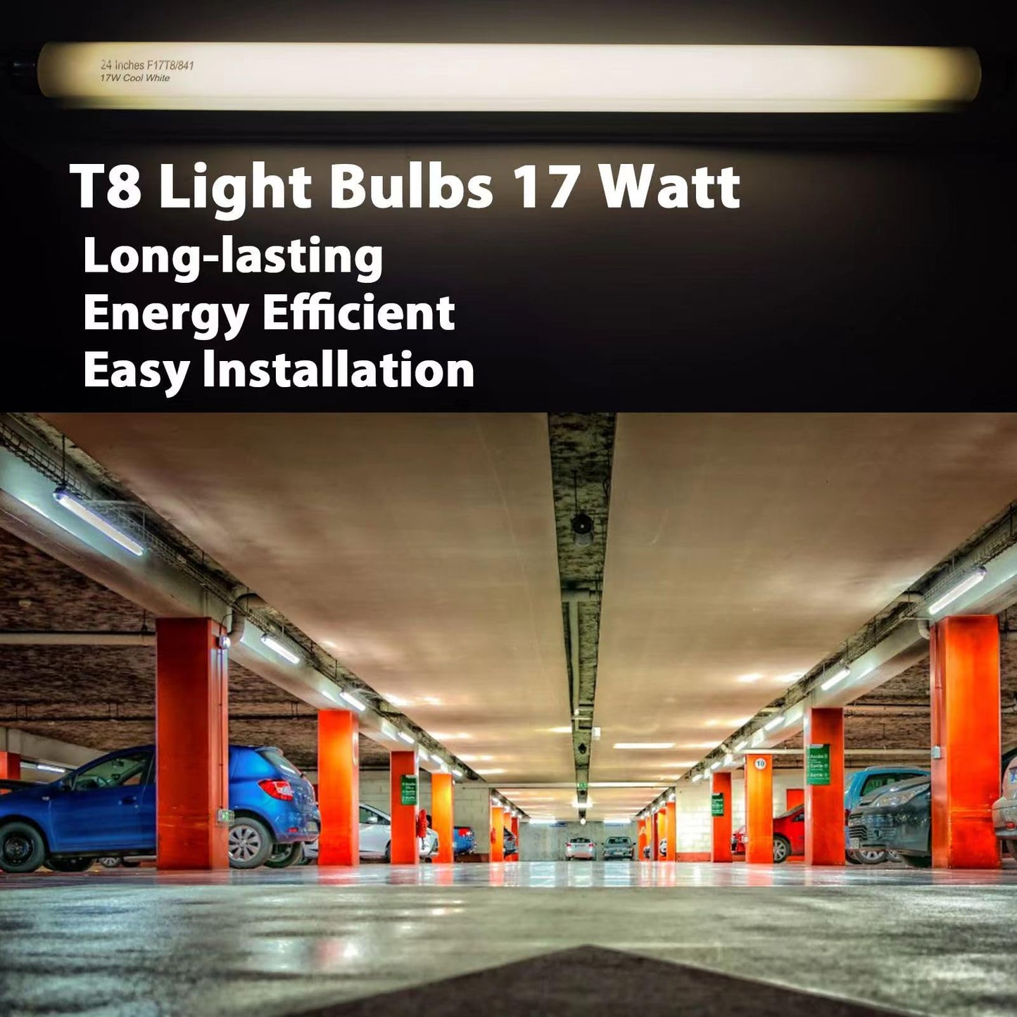 Konideke 8 Pack 24 inch F17T8/841 17 Watts Light Bulb, 2 Foot Straight Fluorescent Tube T8 Tube Light, 4100K Cool White 1400 Lumen G13 Medium Bi-Pin Cap 8 Count