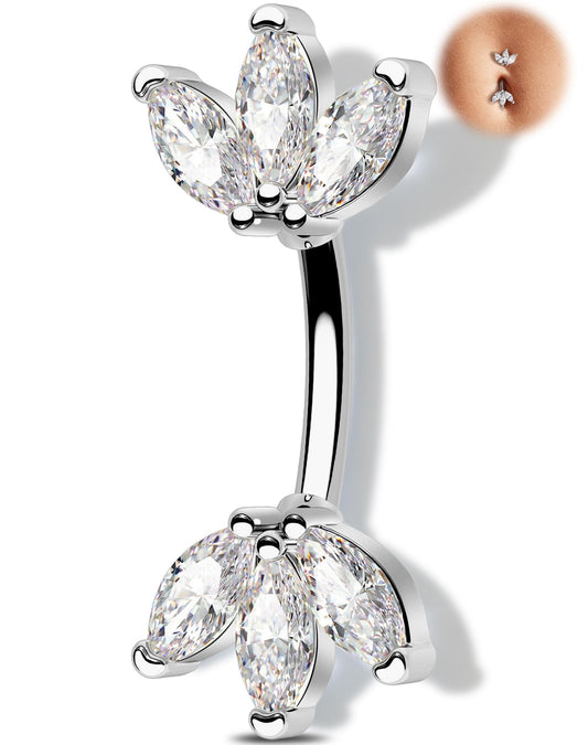 Melighting 14G Lotus Belly Button Ring, Double CZ Navel Ring 316L Surgical Stainless Steel Marquise 5A CZ Steel Belly Bar 8 mm