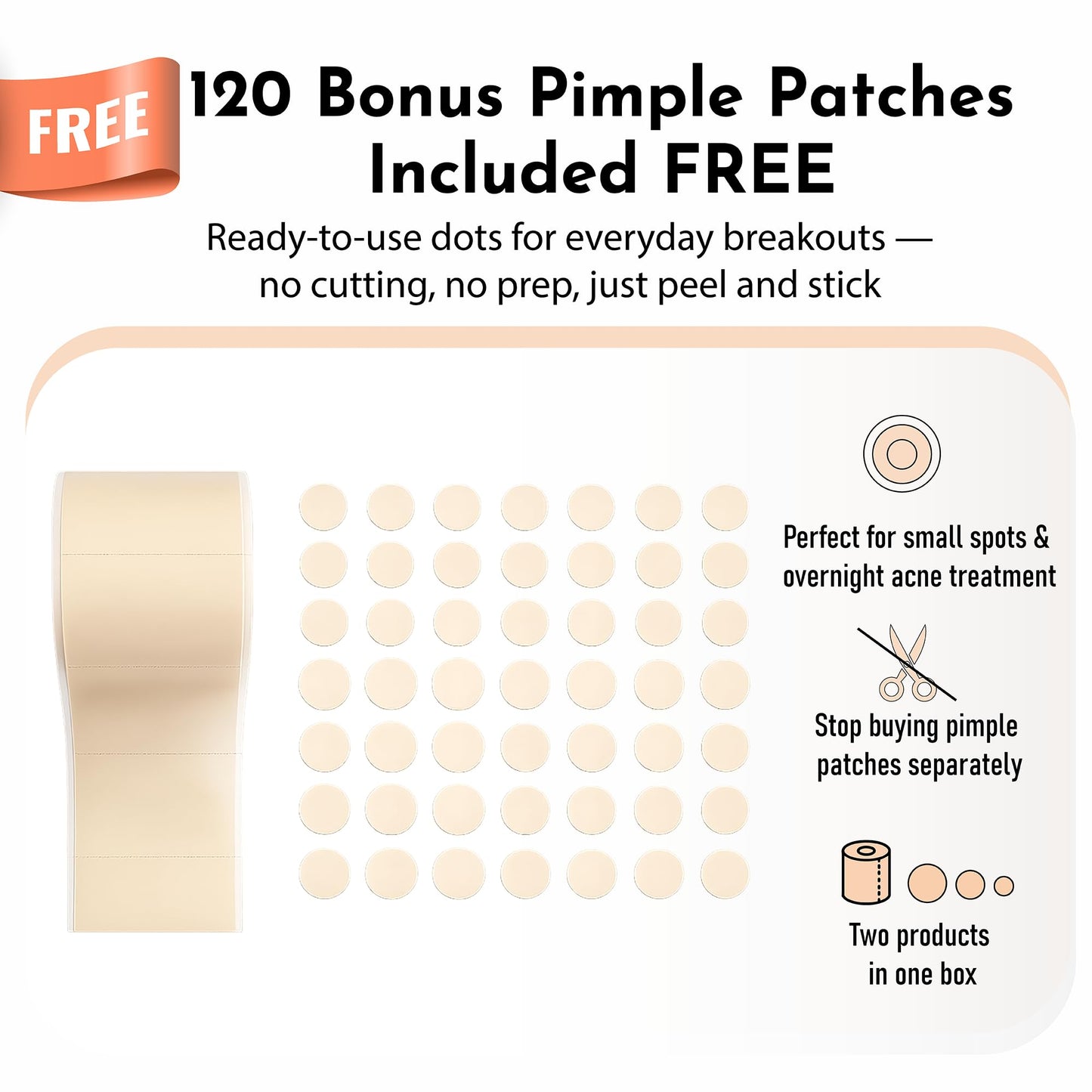 Extra Large Hydrocolloid Roll 2” x 20ft with Easy-Tear Perforations + 120 Precut Pimple Patches – Hydrocolloid Bandage Tape, Ultra Absorbent, Water Proof, Wound Care, Hydrocolloid Dressing