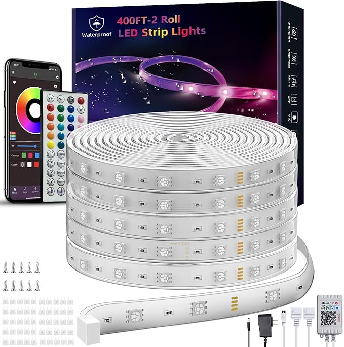Outdoor Led Strip Lights Waterproof 400ft(2 * 200ft), Ip68 Outside Led Light Strip Waterproof with Remote and App Control, Exterior Led Rope Lights Music Syne RGB Strip Lights for Party Decor