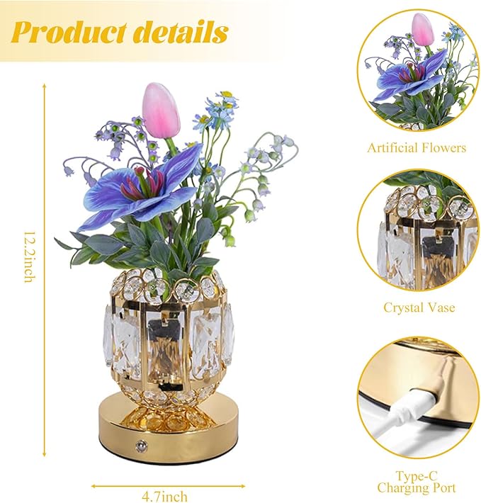 Flower Crystal Table Lamp, 3-Color Dimmable Small Night Light, Rechargeable Cordless Touch Lamp, Artificial Flowers Light for Bedroom Home Decor, Great Gifts for Mom Women Friends (Purple)