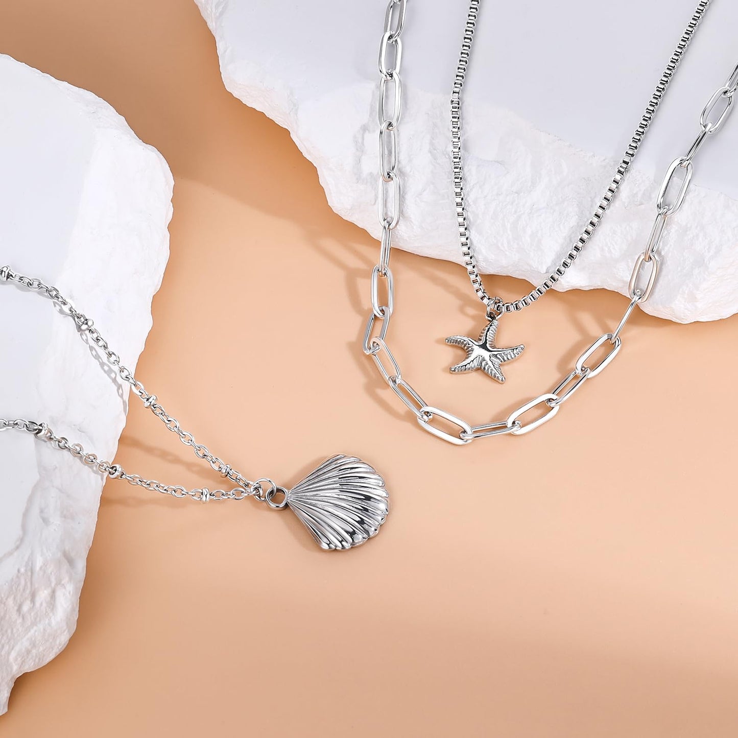 Shell Necklace for Women, Silver Layered Starfish SeaShell Pendant Charm Necklace,Dainty Non Tarnish Waterproof Adjustable Choker Paperclip Necklaces Stack Jewelry for Summer Beach Vacation (Silver)