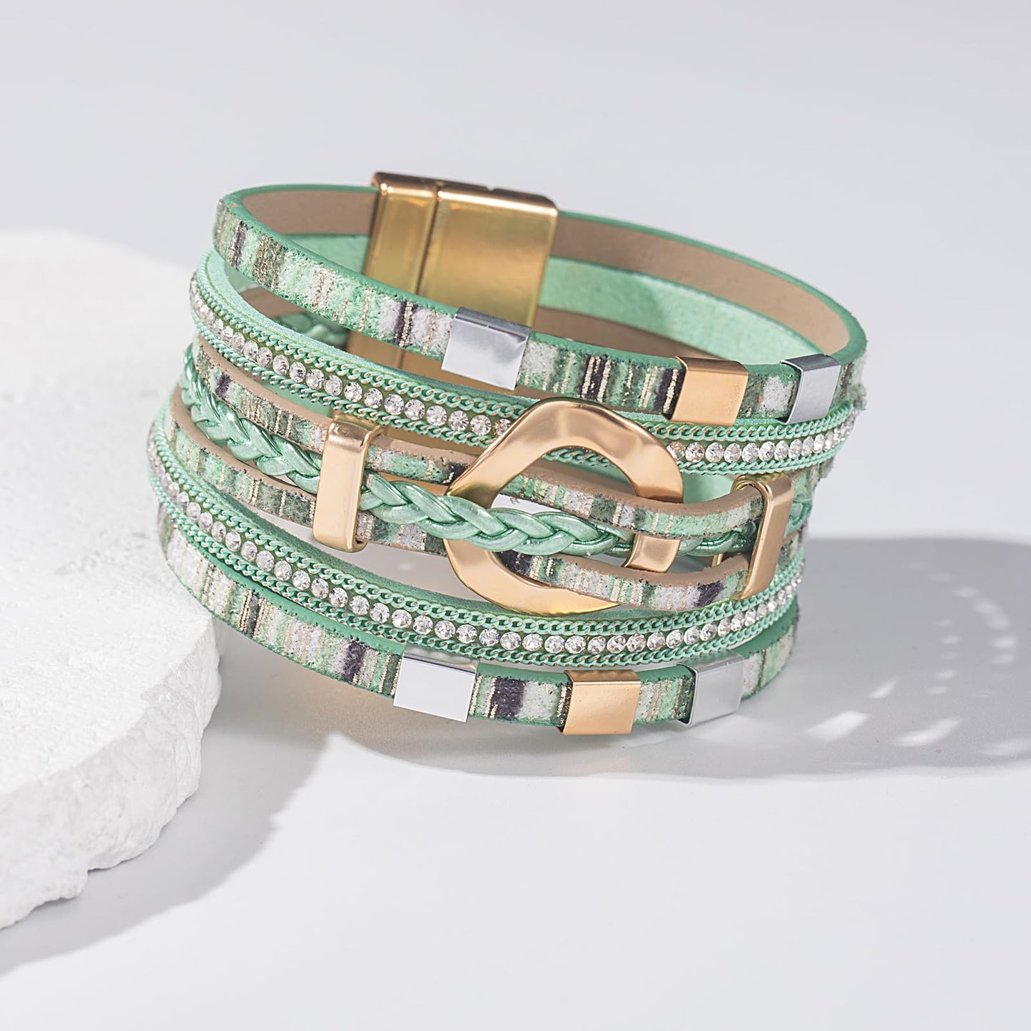 FANCY SHINY Boho Leather Wrap Bracelets Circle Square Bead Braided Handmade Stackable Bracelet Trendy Cuff Bangle for Women(Boho Green)