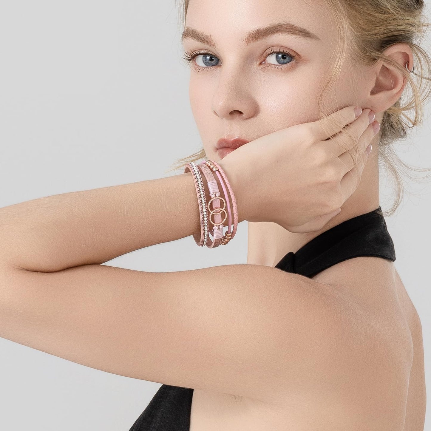 FANCY SHINY Boho Leather Wrap Bracelet Stackable Beaded Infinity Chunky Cuff Bracelets with Magnetic Clasp Western Hippie Outfits Jewelry Gifts for Women(Pink)