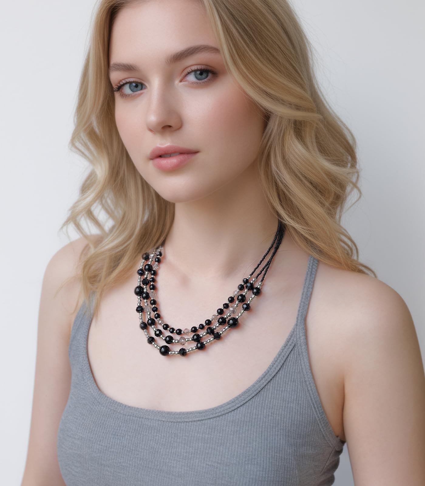Noessla Beaded Statement Necklaces for Women Layered Chunky Bead Necklace Fashion Costume Jewelry Gifts for Mom(Black)