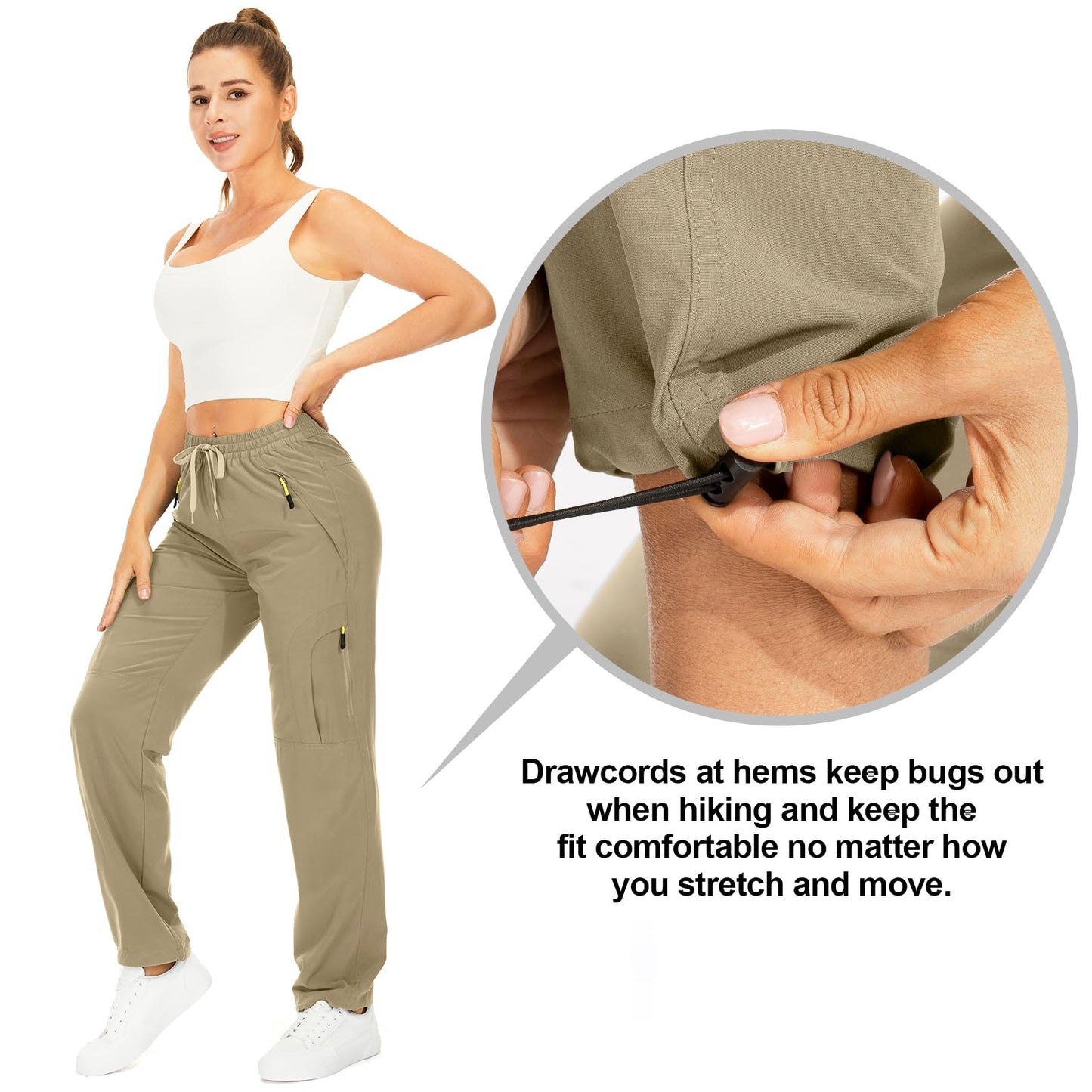 Womens Hiking Pants Quick Dry UPF 50 Lightweight Travel Golf Cargo Safari Pants Zipper Pockets,6608,Khaki,Petite L