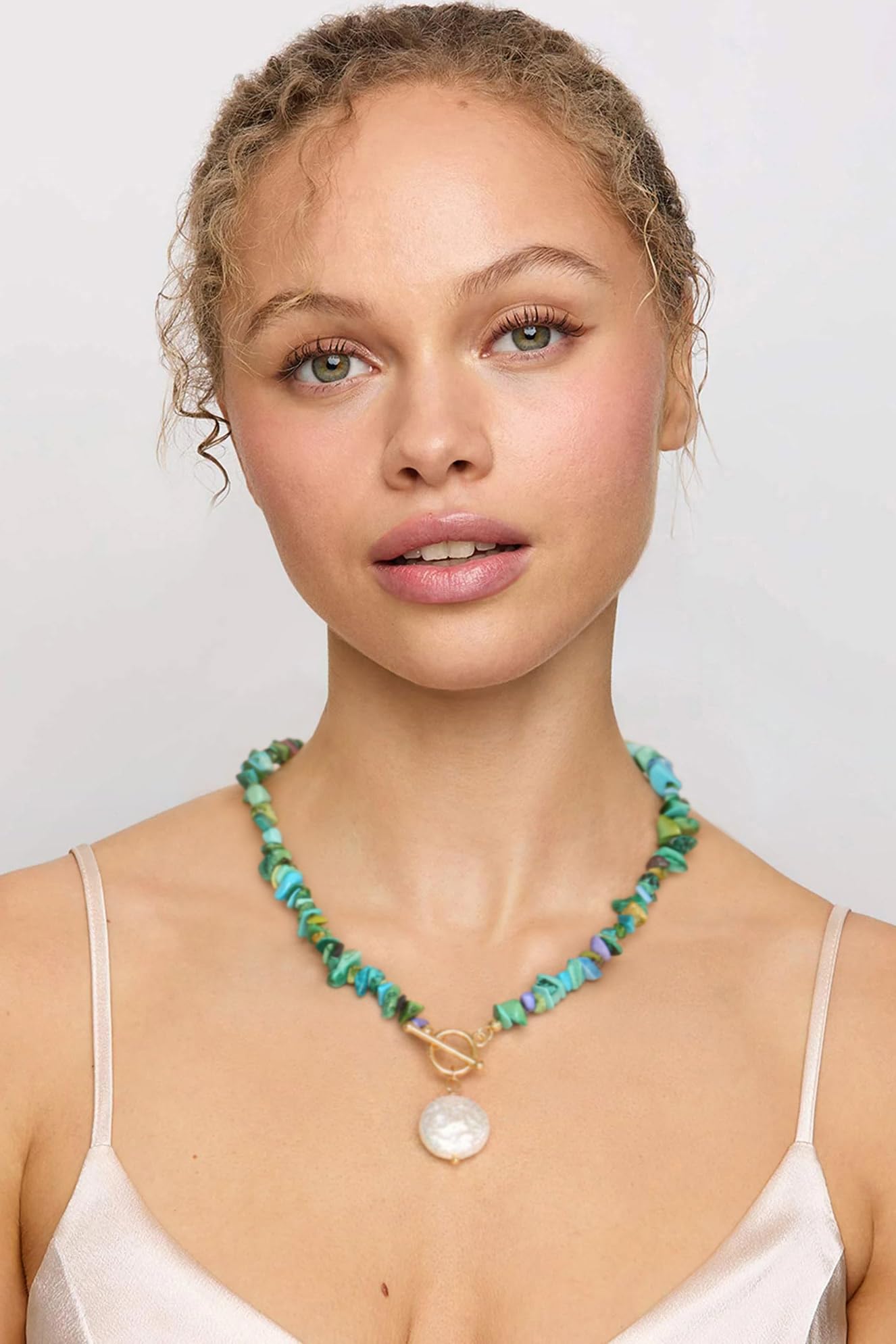 POTESSA Chunky Turquoise Necklace with Baroque Pearl Pendant, Stylish Turquoise Statement Necklace for Women, Summer Jewelry
