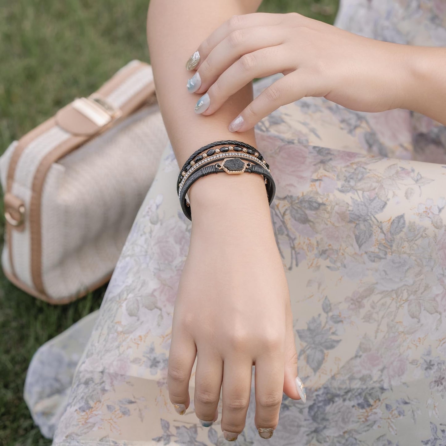 FANCY SHINY Crystal Beaded Leather Wrap Bracelet Stackable Boho Jewelry for Women Trendy Braided Resin Stone Bangle Cuff with Magnetic Clasp(Black)